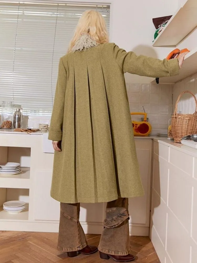 Retro wool pleated long coat【s0000004593】