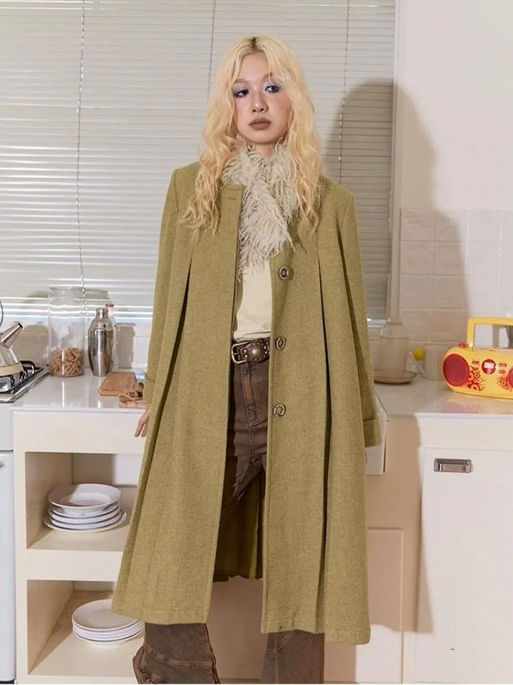 Retro wool pleated long coat【s0000004593】