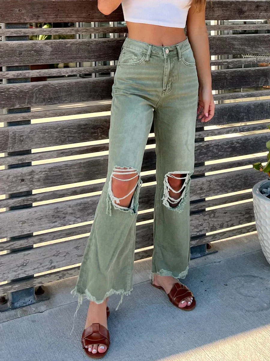 Ripped Distressed Flared Casual Frayed Wide High Solid Color Retro Pants