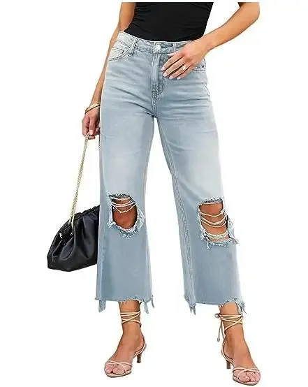 Ripped Distressed Flared Casual Frayed Wide High Solid Color Retro Pants