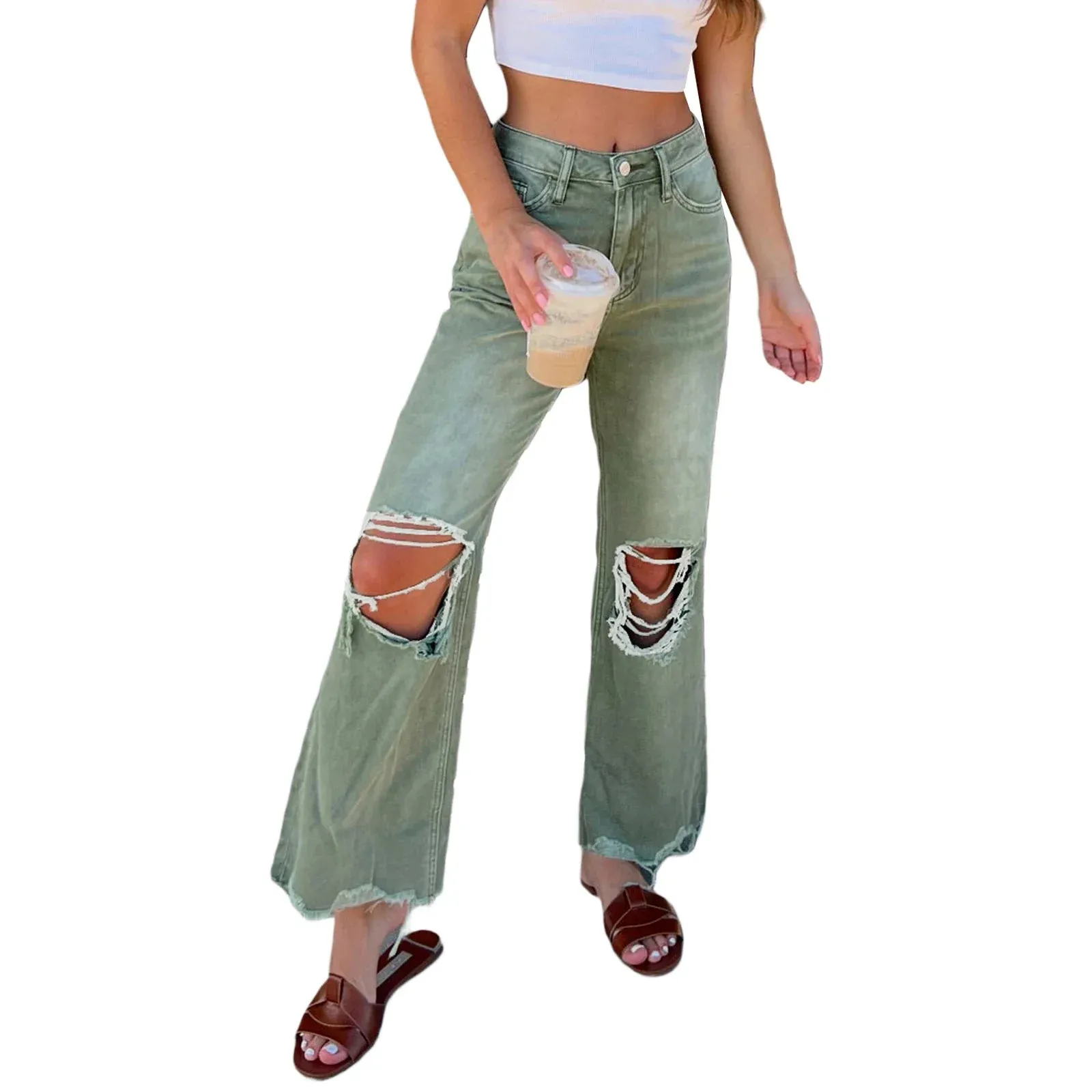 Ripped Distressed Flared Casual Frayed Wide High Solid Color Retro Pants