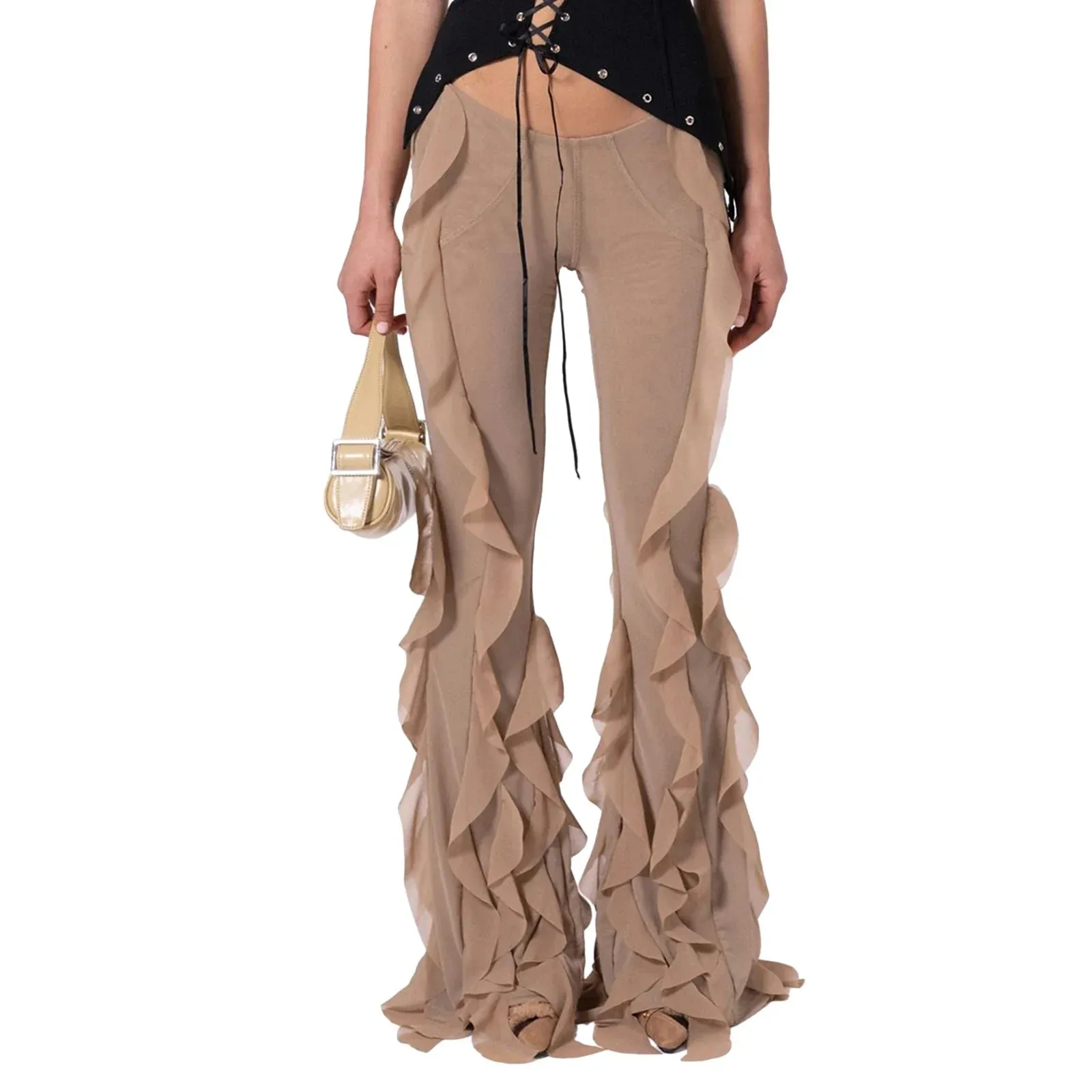 Ruffled Flare Long Solid Low Rise Stretch Bell-Bottom Fashion Streetwear Y2K Pants