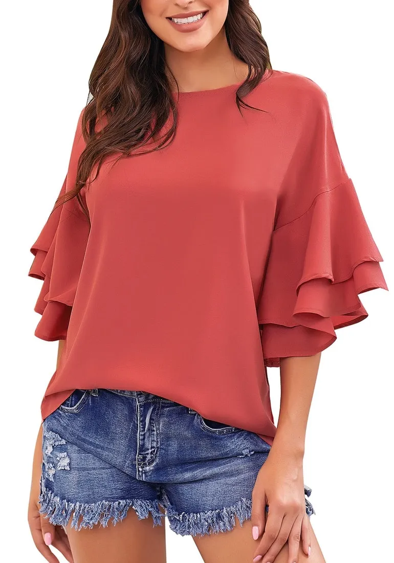 Rust Red Trumpet Sleeves Keyhole-Back Blouse