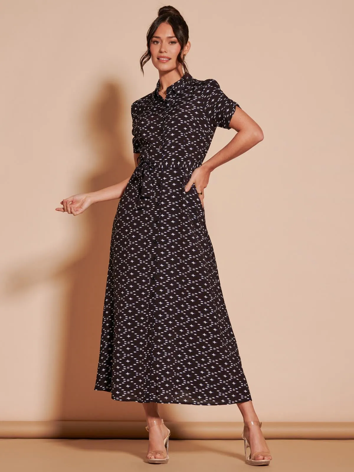 Sadie Print Cotton Blend Shirt Maxi Dress, Black Star