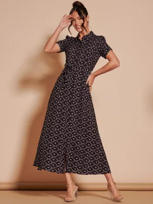 Sadie Print Cotton Blend Shirt Maxi Dress, Black Star