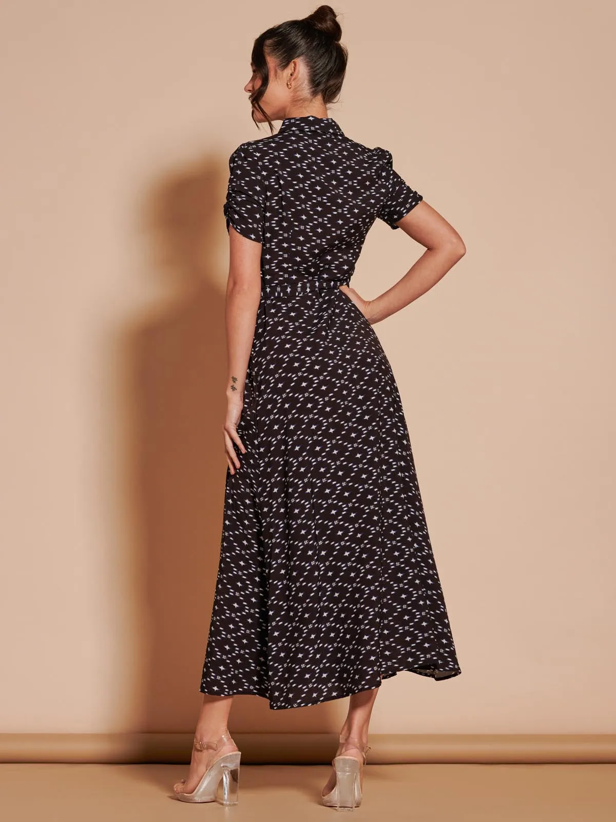 Sadie Print Cotton Blend Shirt Maxi Dress, Black Star