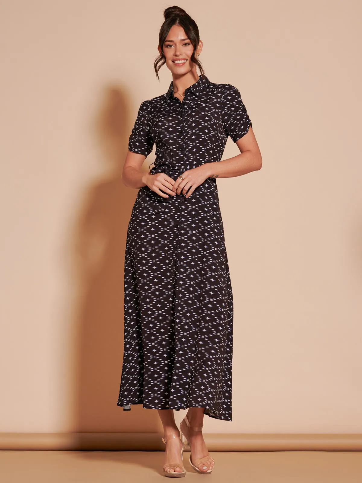 Sadie Print Cotton Blend Shirt Maxi Dress, Black Star