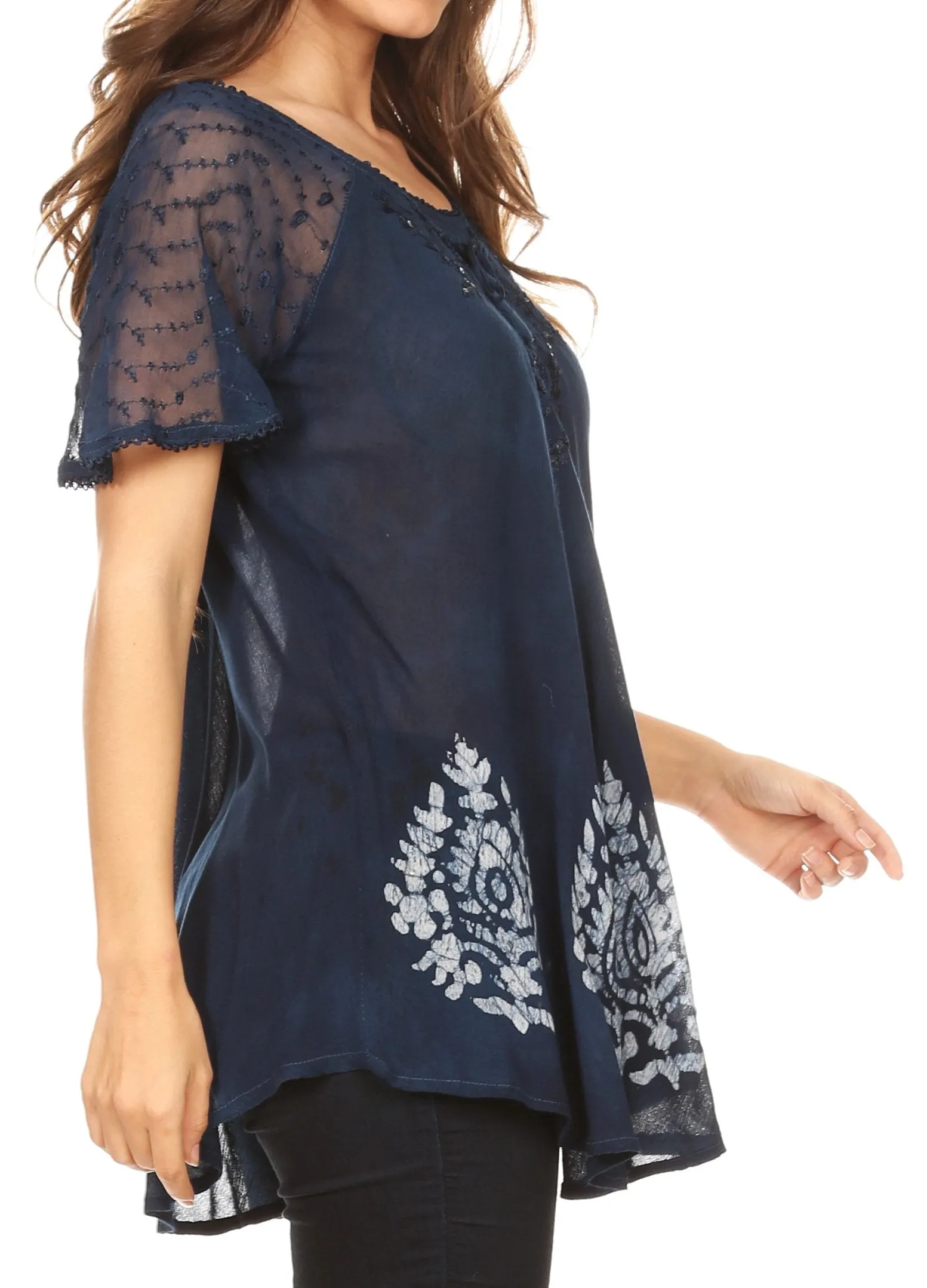 Sakkas Alberta Womens Short Sleeve Corset Blouse Top with Batik and Lace Sleeves