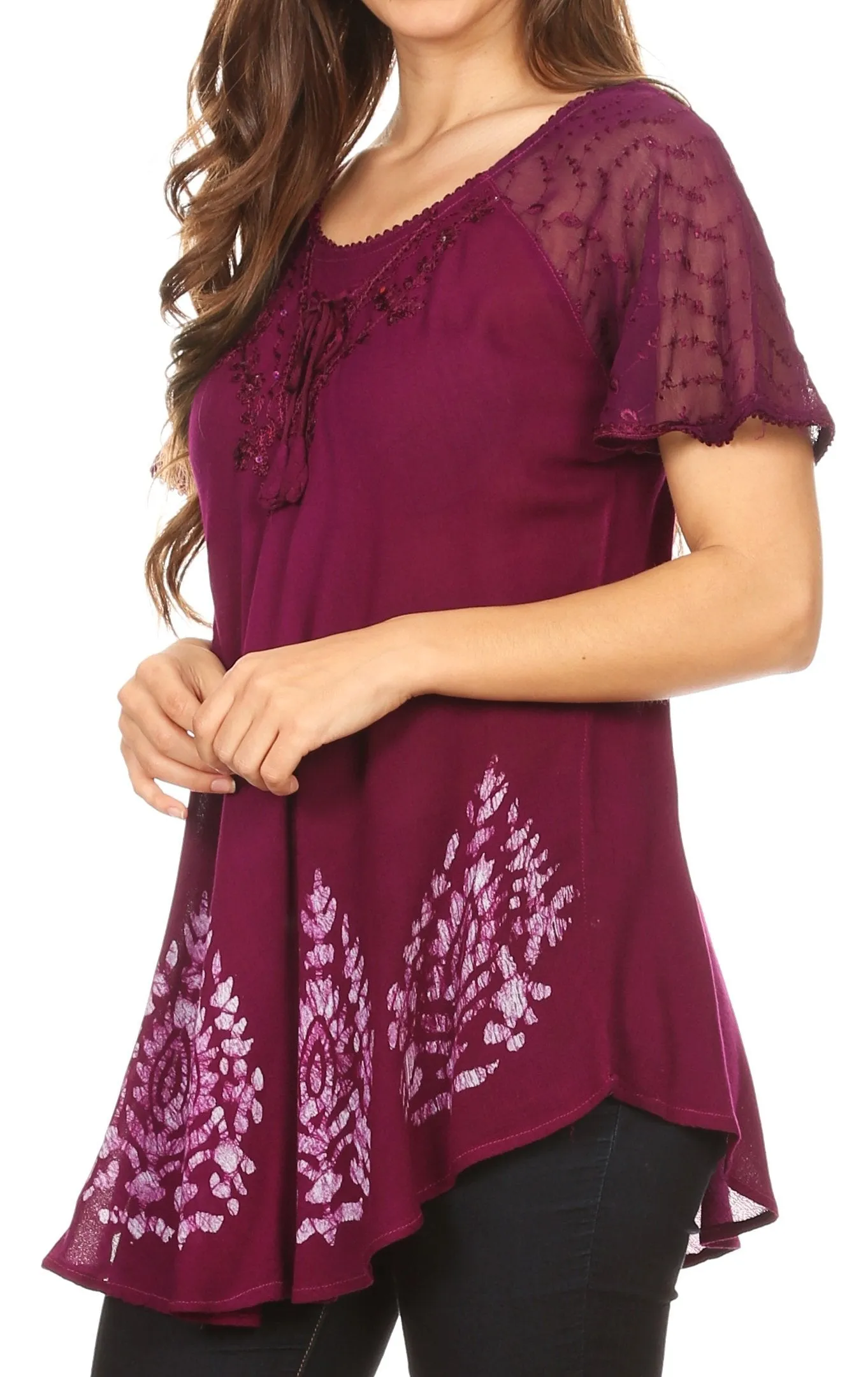 Sakkas Alberta Womens Short Sleeve Corset Blouse Top with Batik and Lace Sleeves