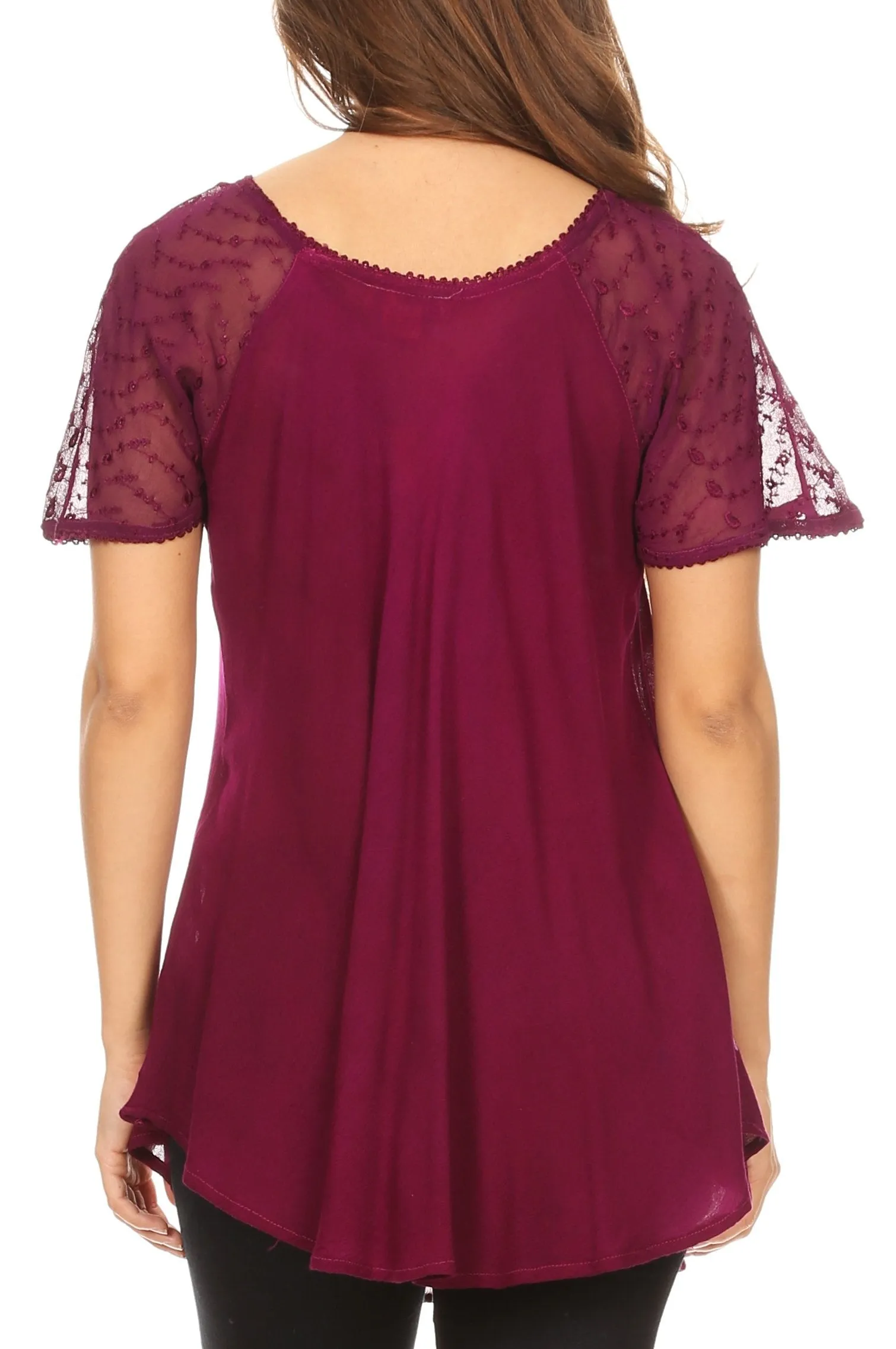 Sakkas Alberta Womens Short Sleeve Corset Blouse Top with Batik and Lace Sleeves