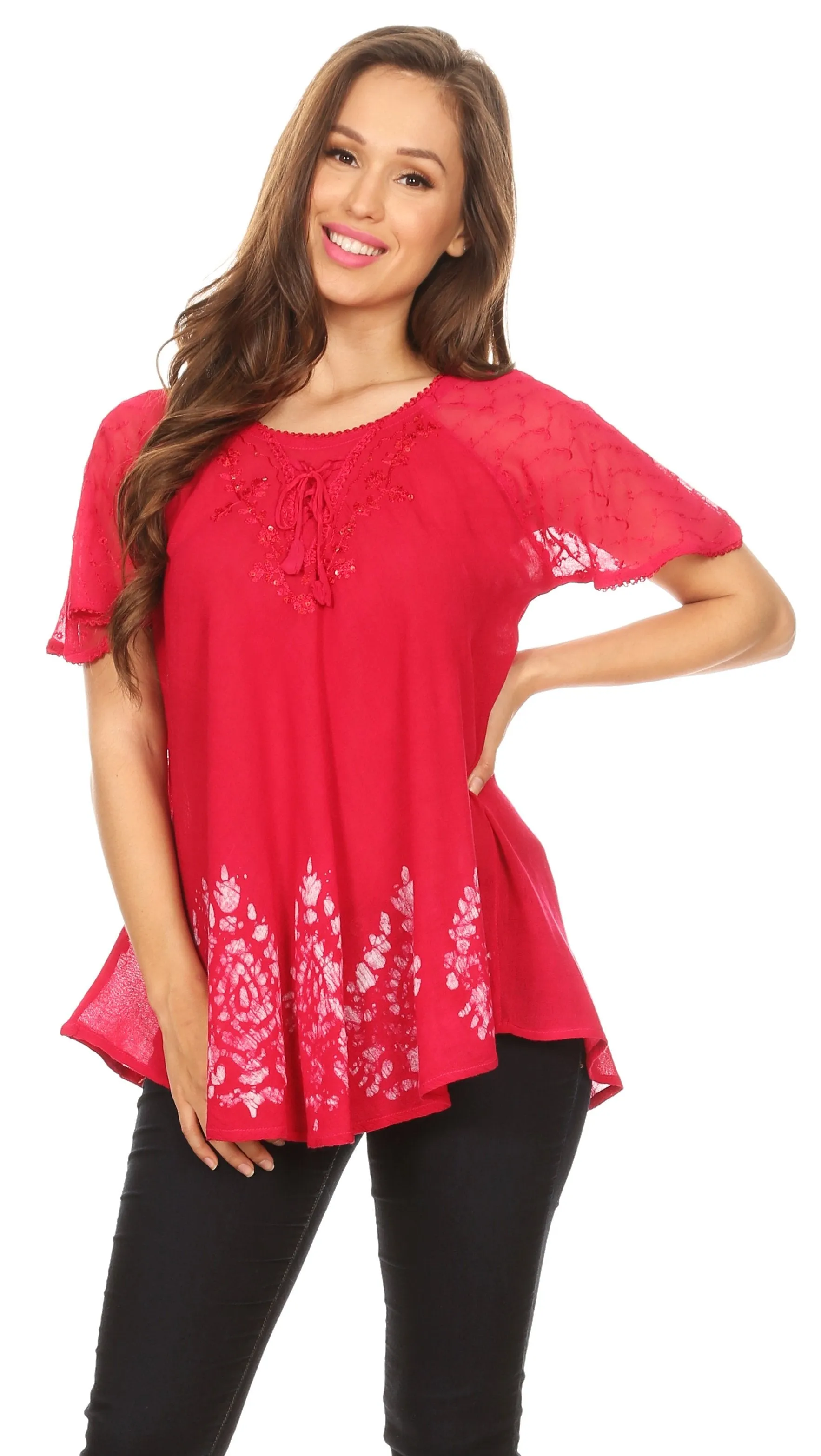 Sakkas Alberta Womens Short Sleeve Corset Blouse Top with Batik and Lace Sleeves