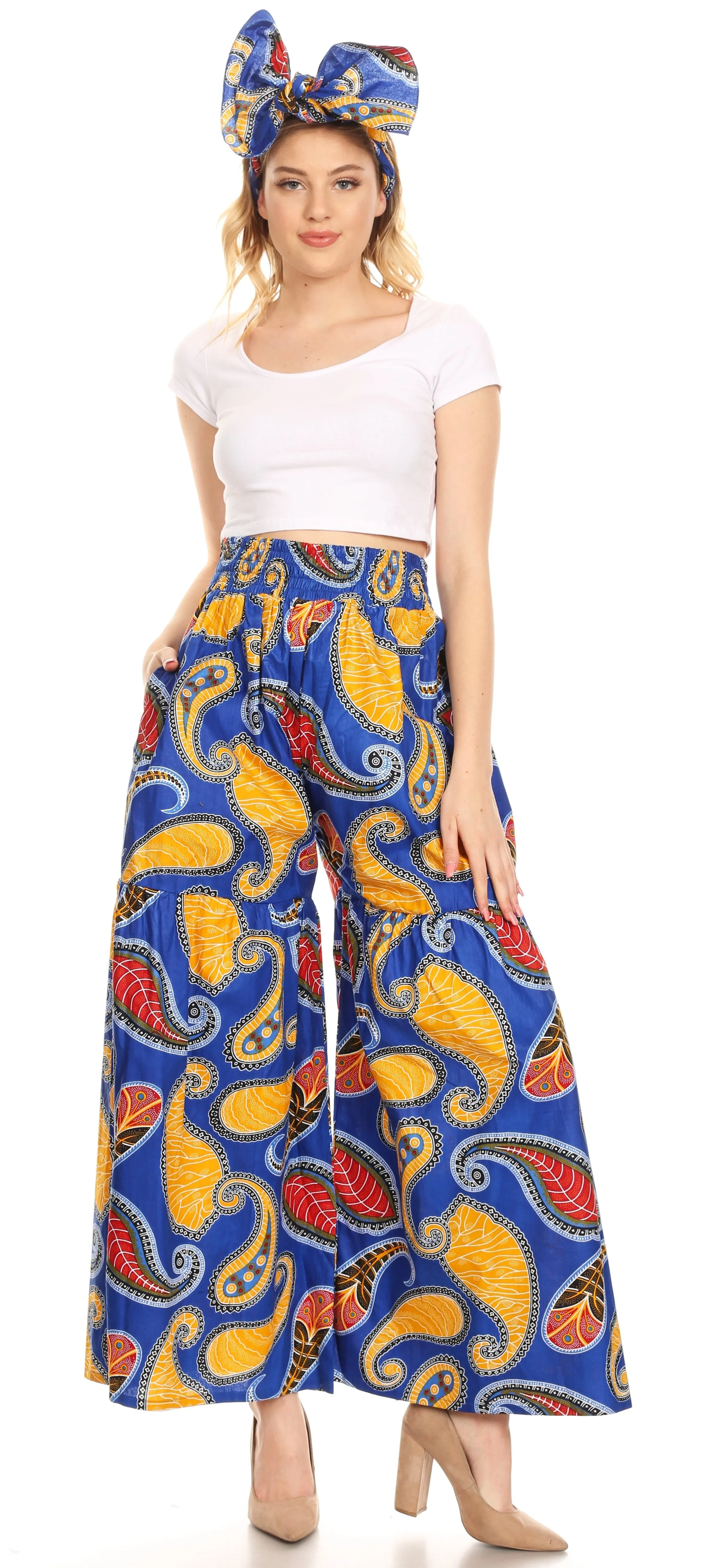 Sakkas Esme Women's African Ankara Flared Wide Leg Palazzo Pants with Pockets