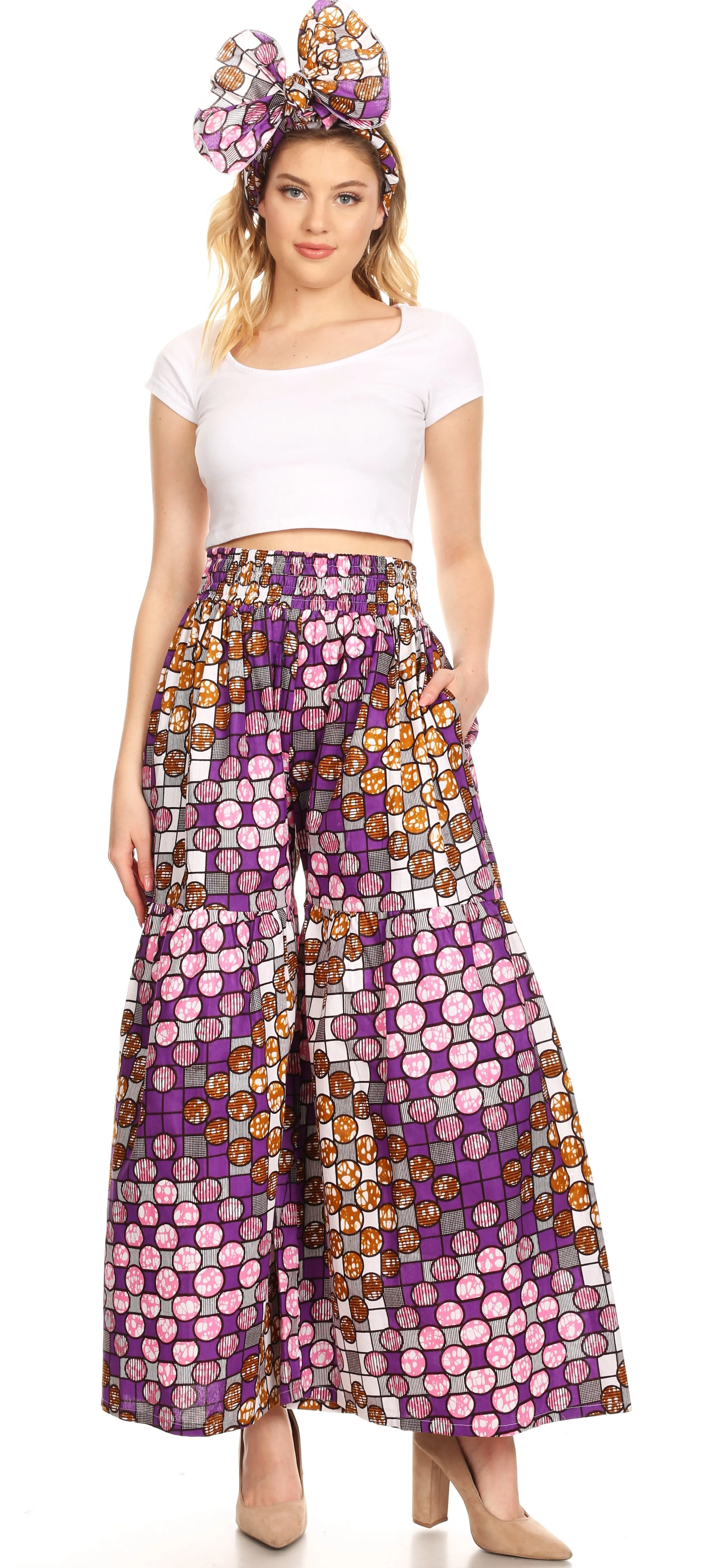 Sakkas Esme Women's African Ankara Flared Wide Leg Palazzo Pants with Pockets