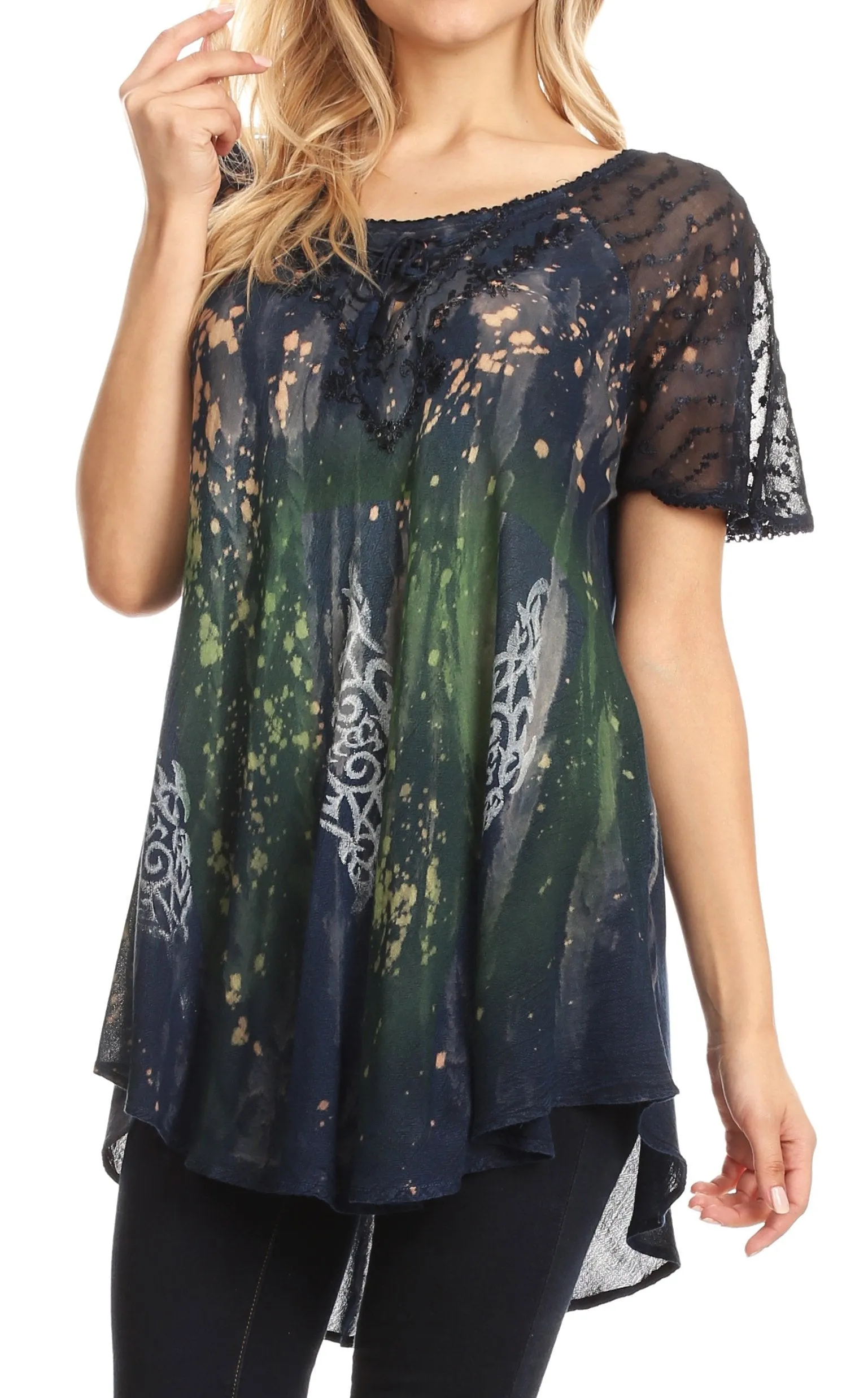 Sakkas Jannat  Short Sleeve Casual Work Top Blouse in Tie-Dye with Embroidery Lace