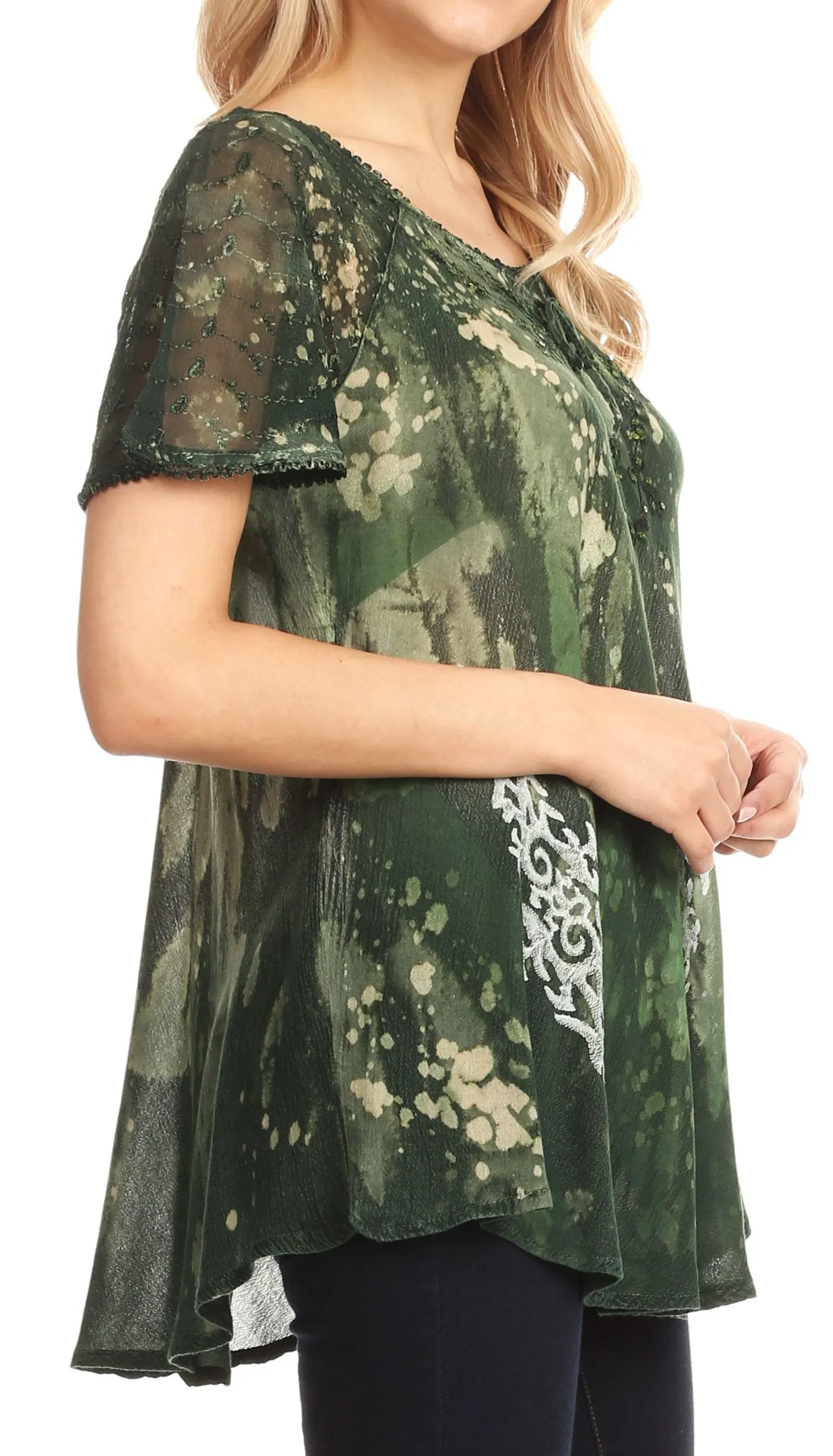 Sakkas Jannat  Short Sleeve Casual Work Top Blouse in Tie-Dye with Embroidery Lace