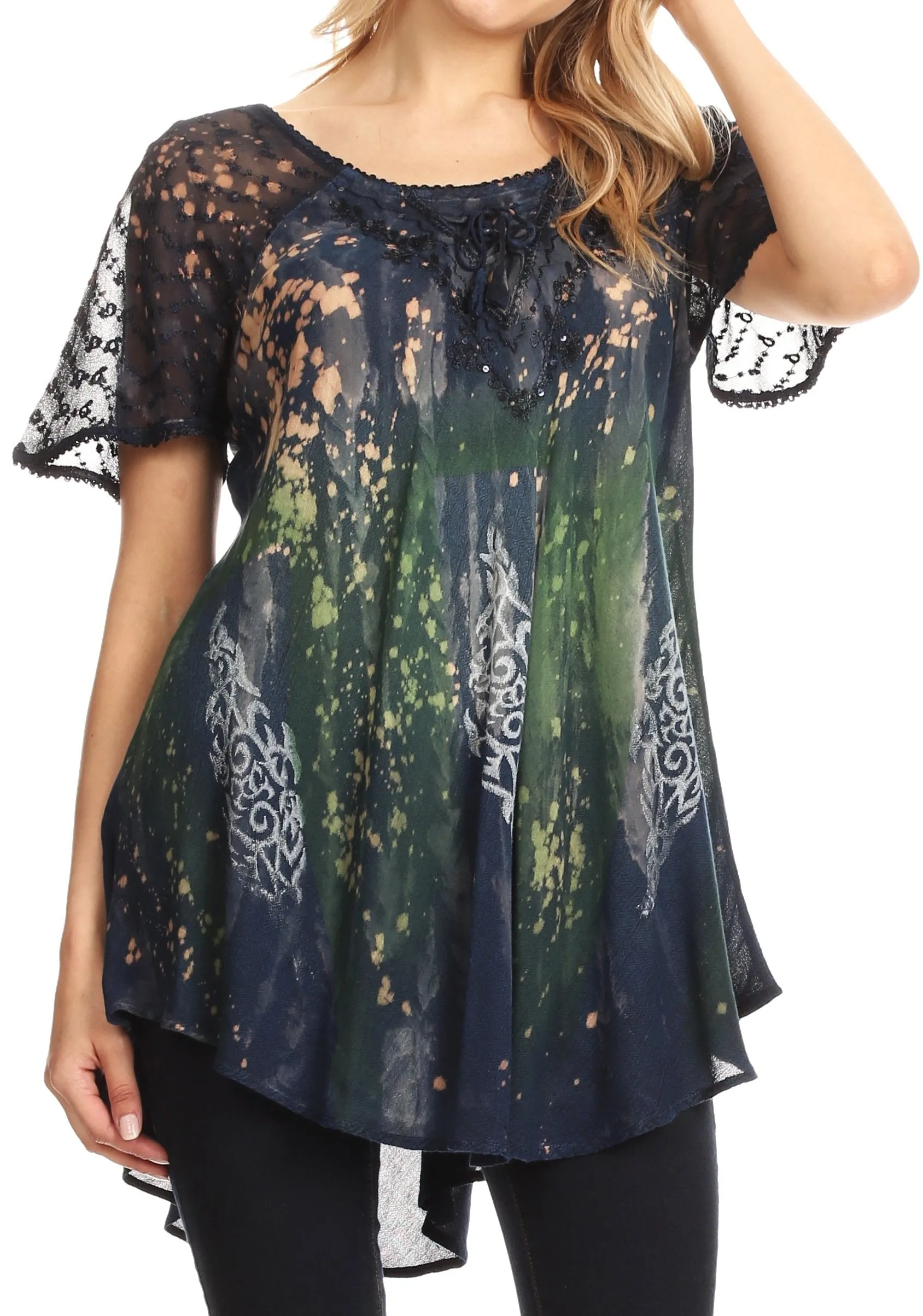 Sakkas Jannat  Short Sleeve Casual Work Top Blouse in Tie-Dye with Embroidery Lace