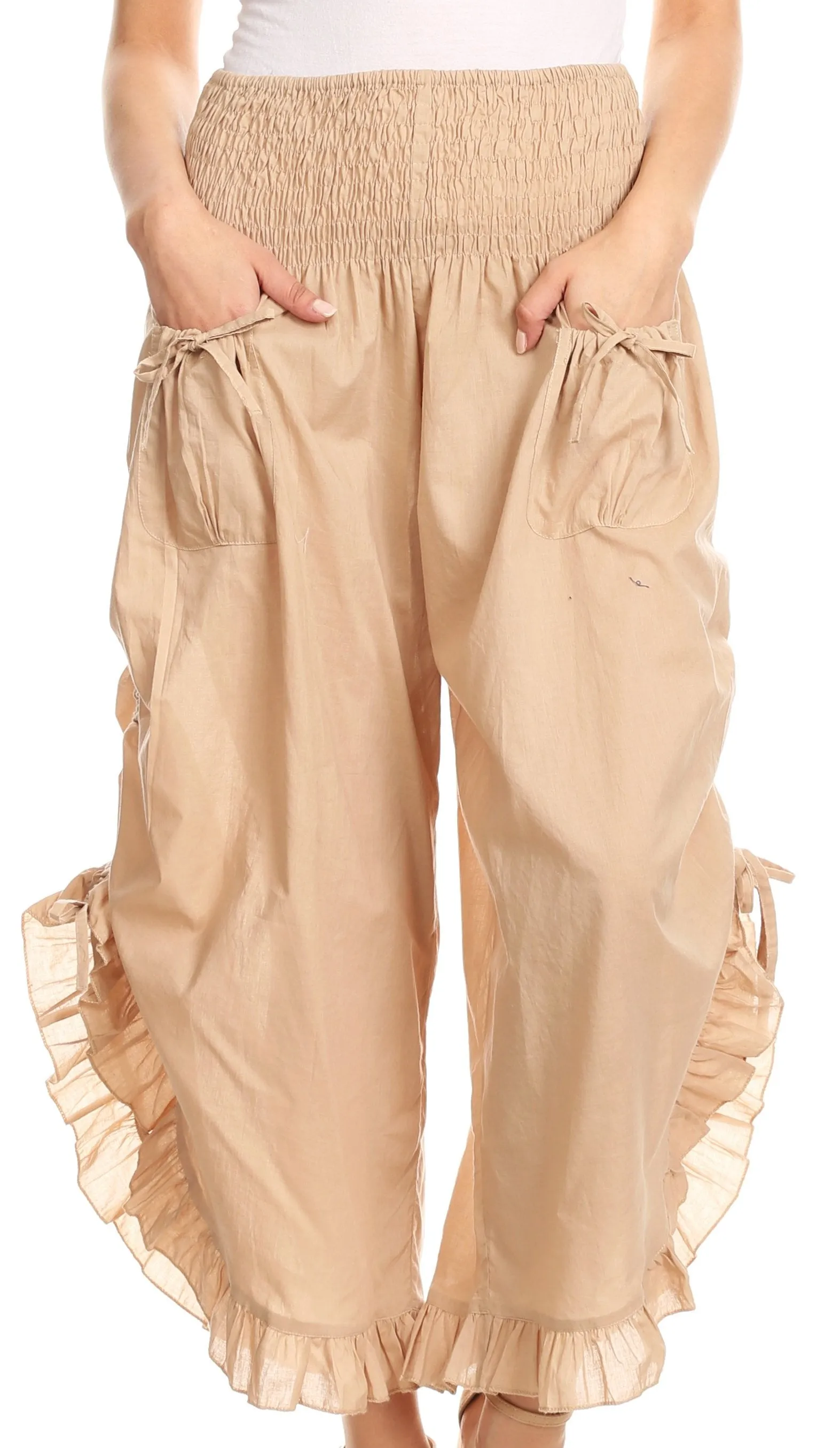 Sakkas Loore Womens Wide Leg Gaucho Pants Cotton with Pockets and Smock Waist