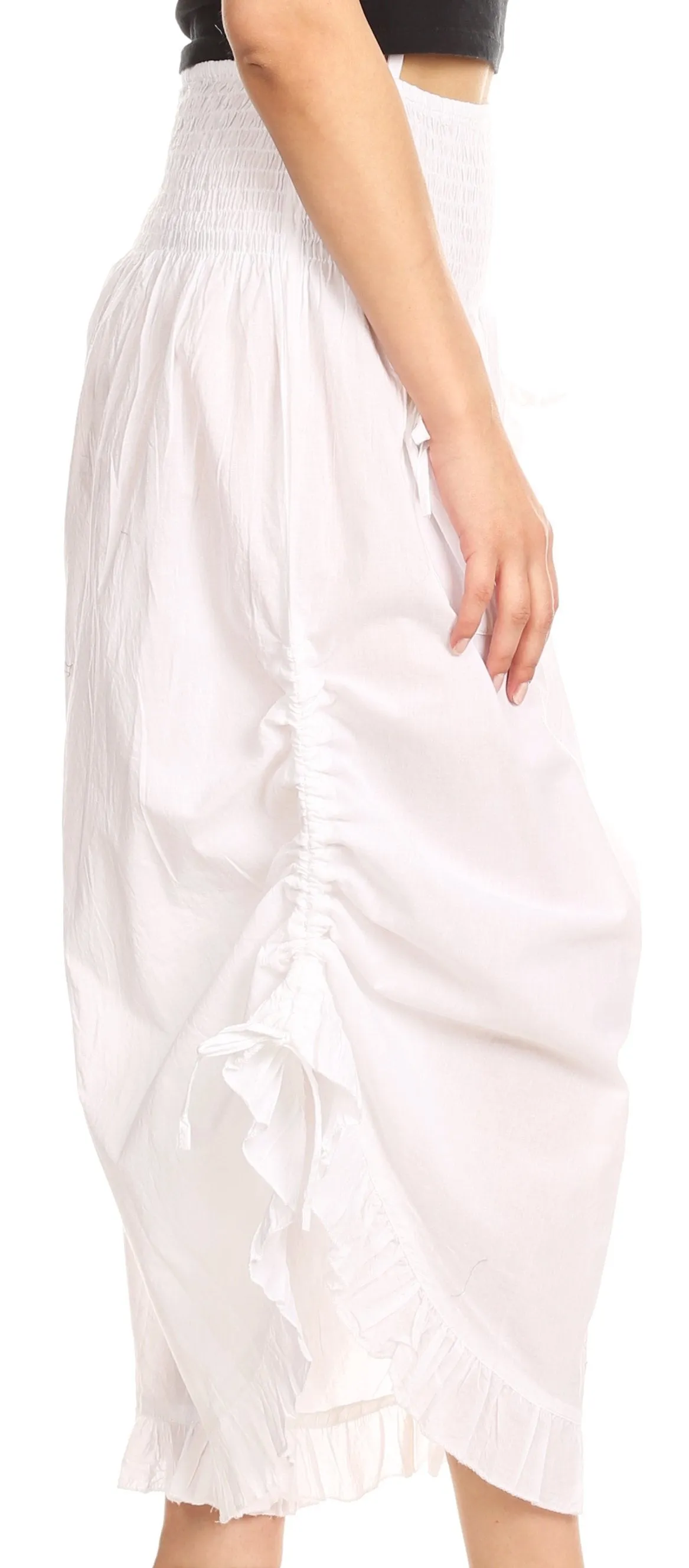 Sakkas Loore Womens Wide Leg Gaucho Pants Cotton with Pockets and Smock Waist