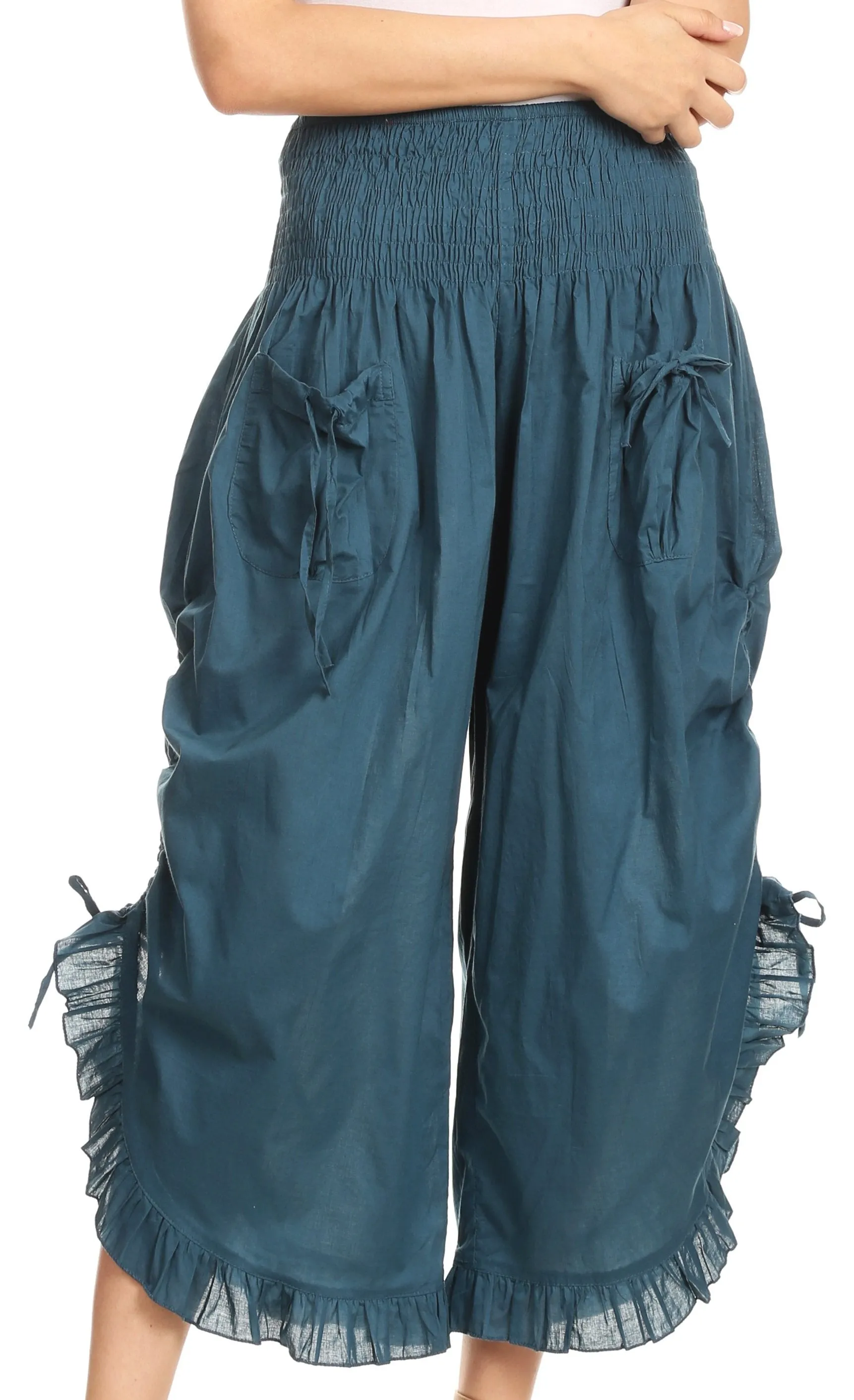 Sakkas Loore Womens Wide Leg Gaucho Pants Cotton with Pockets and Smock Waist