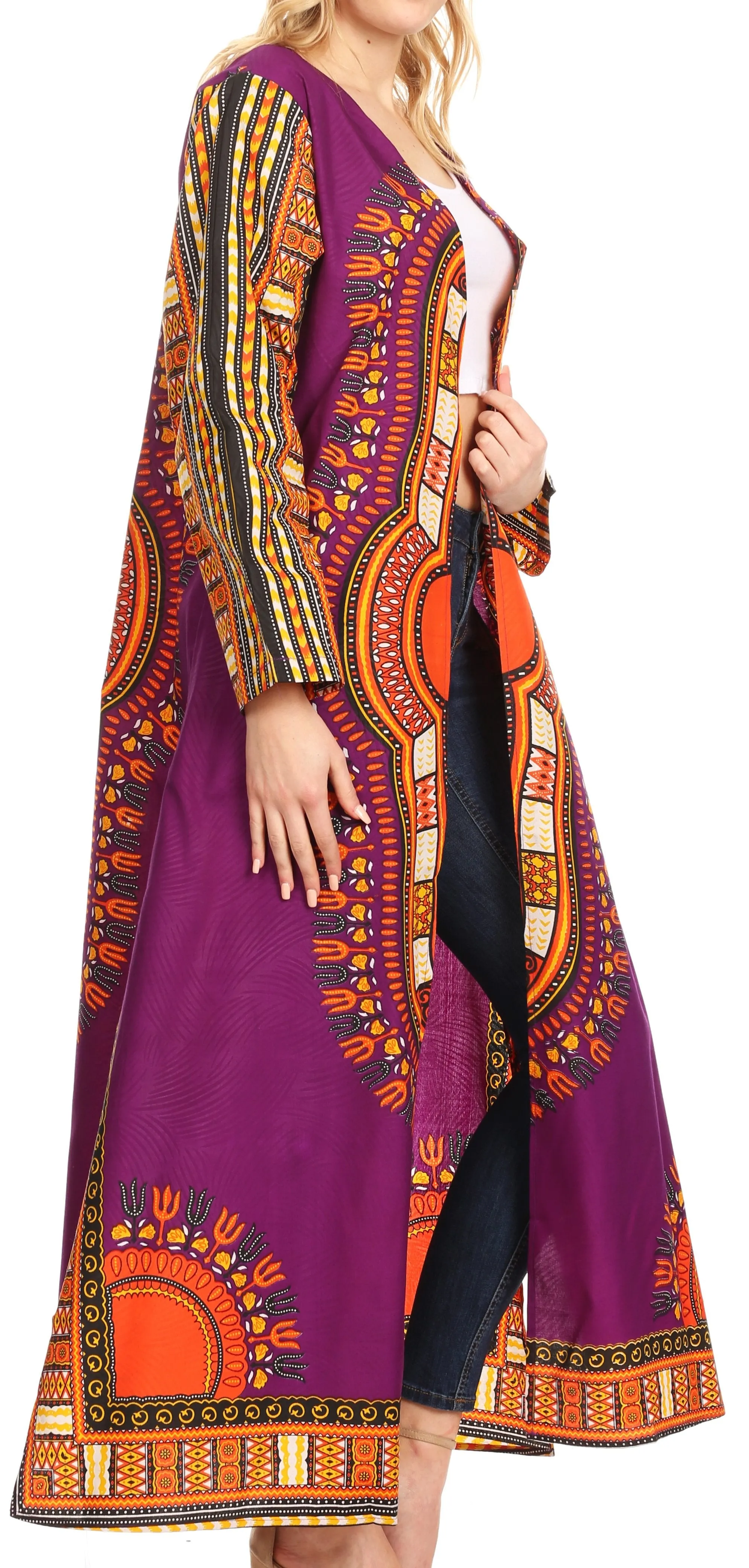 Sakkas Soledad Women's Long Sleeve Open Front Cardigan Dress Coat Dashiki African