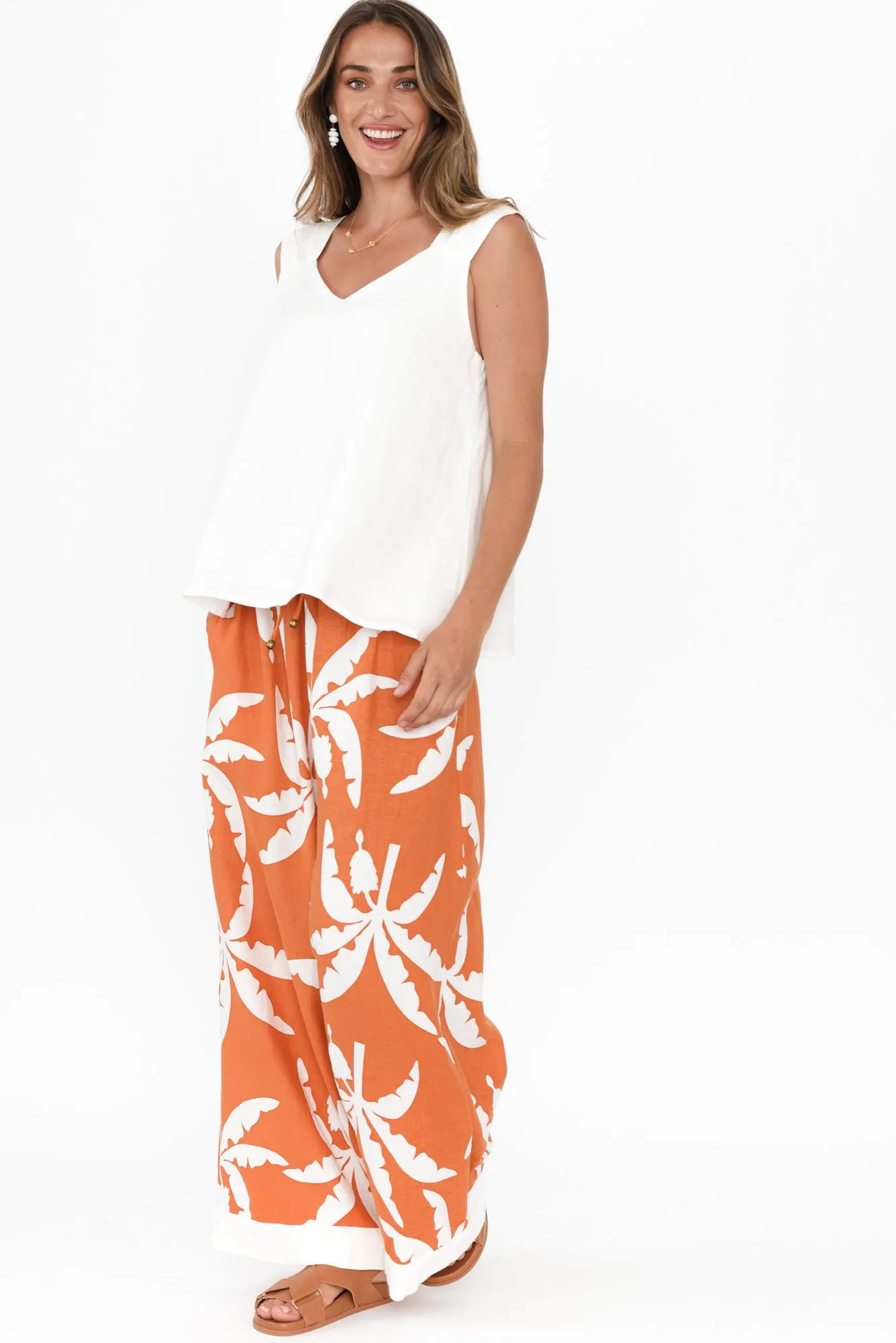 Sandrine Orange Tropical Linen Pants