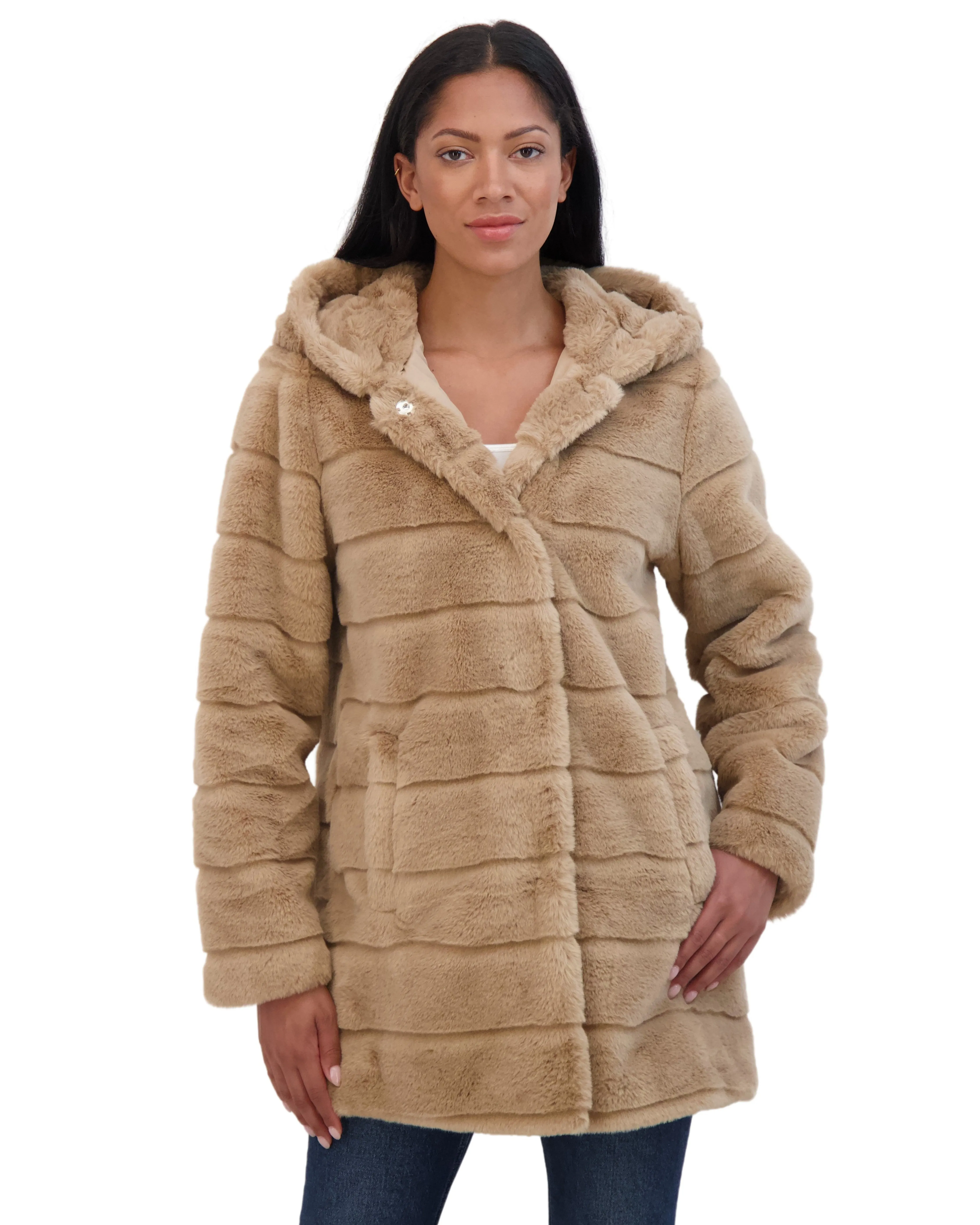 Sebby Collection Women's Hooded Grooved Faux Fur Coat