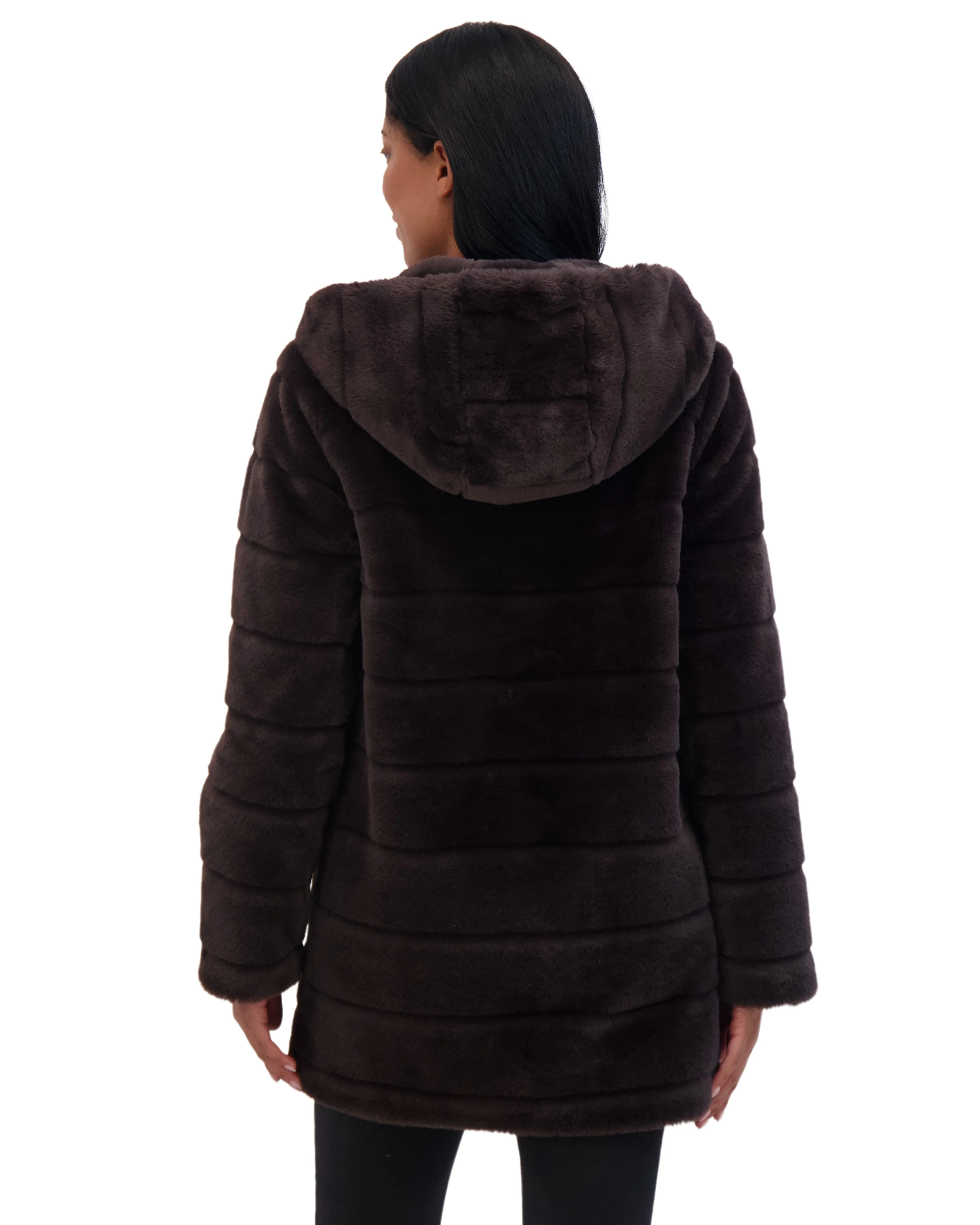 Sebby Collection Women's Hooded Grooved Faux Fur Coat