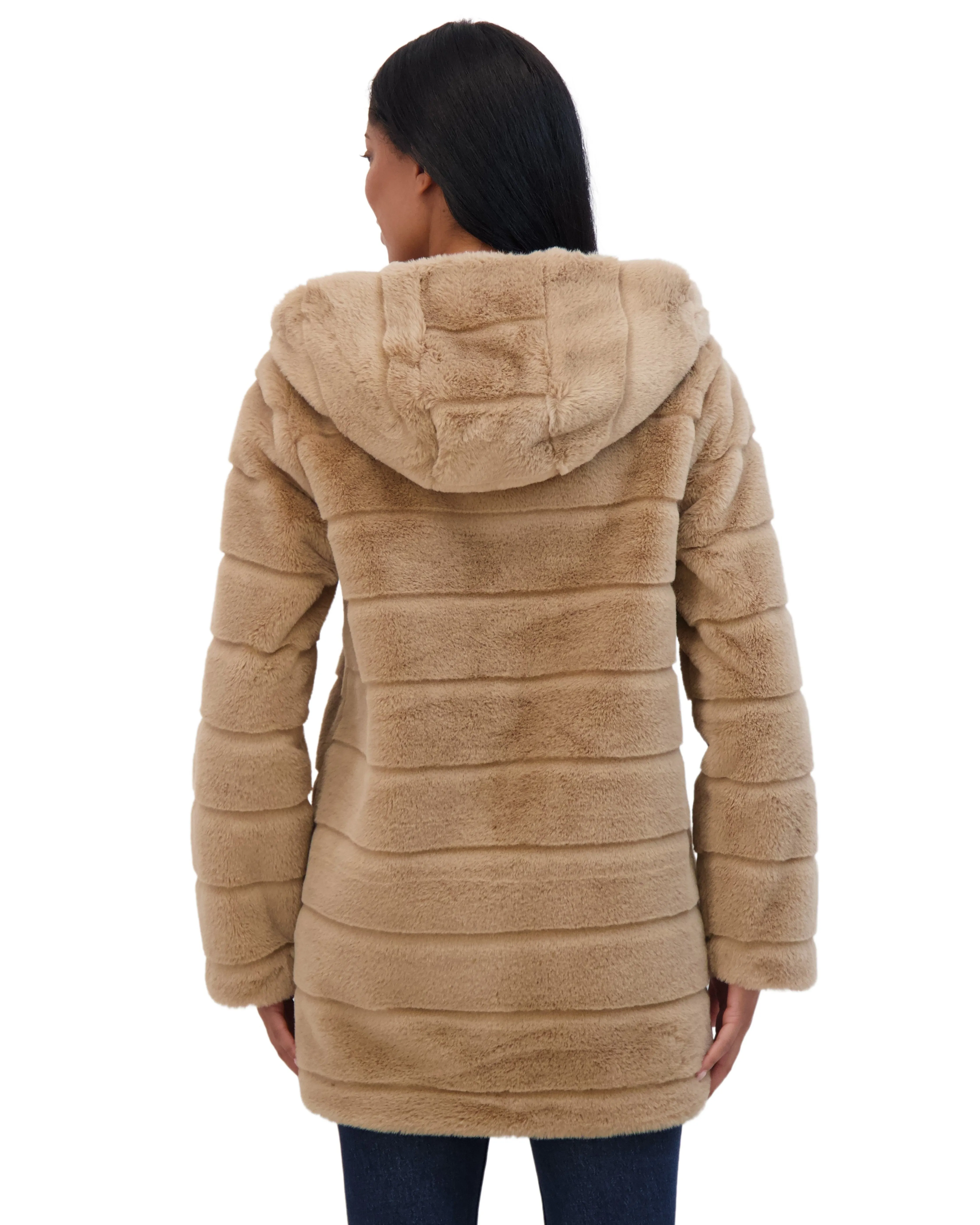 Sebby Collection Women's Hooded Grooved Faux Fur Coat