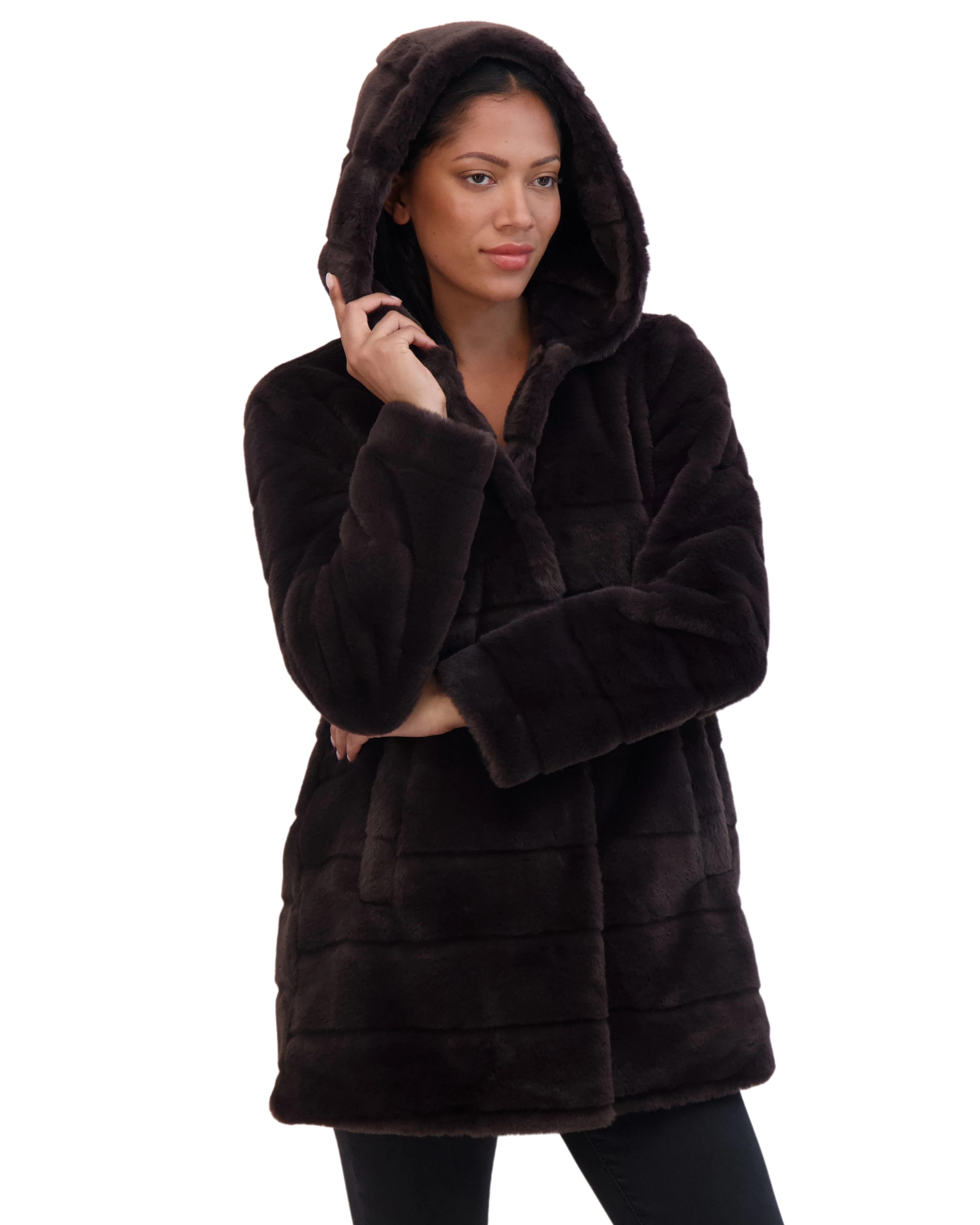 Sebby Collection Women's Hooded Grooved Faux Fur Coat