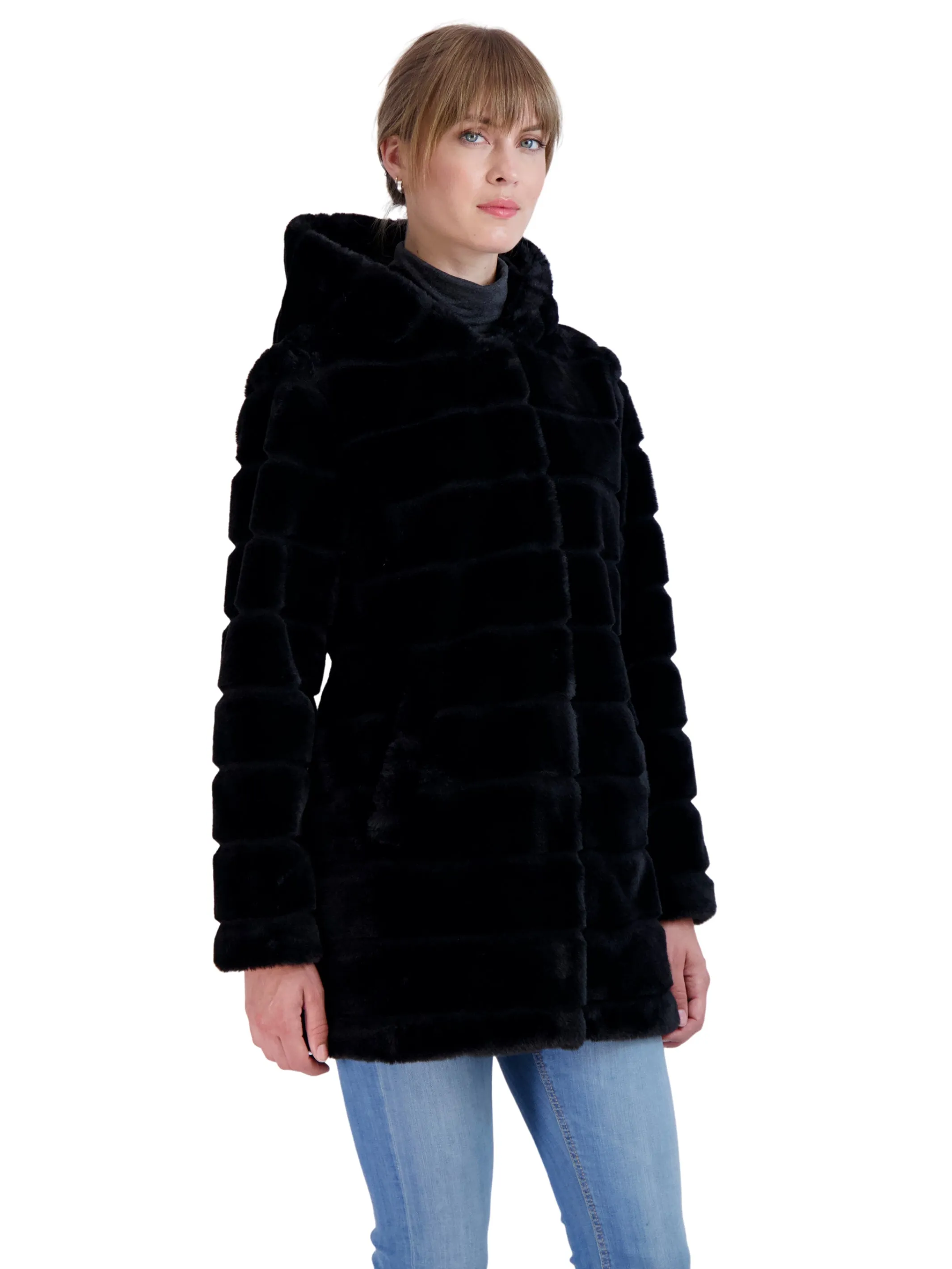 Sebby Collection Women's Hooded Grooved Faux Fur Coat