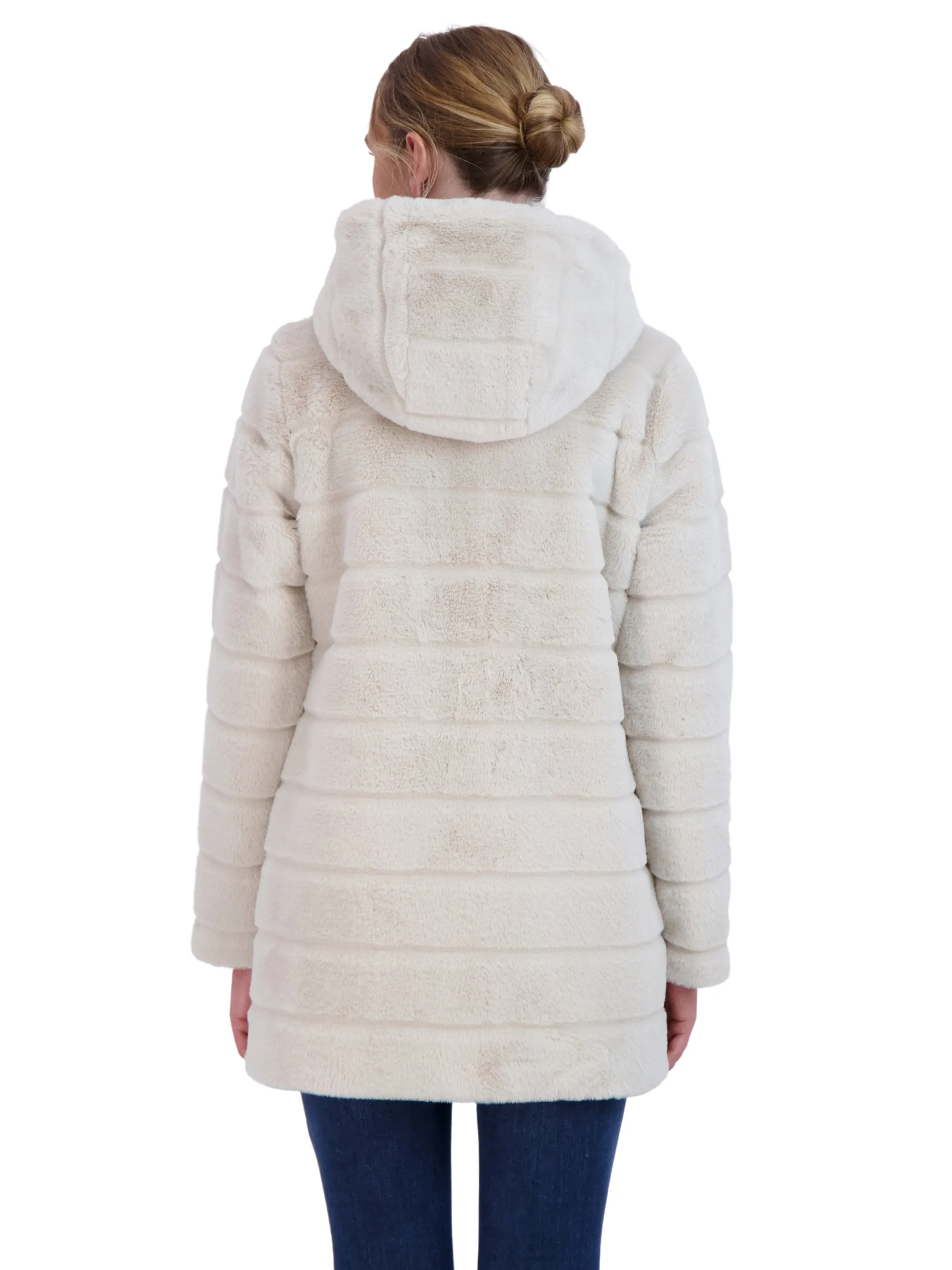 Sebby Collection Women's Hooded Grooved Faux Fur Coat