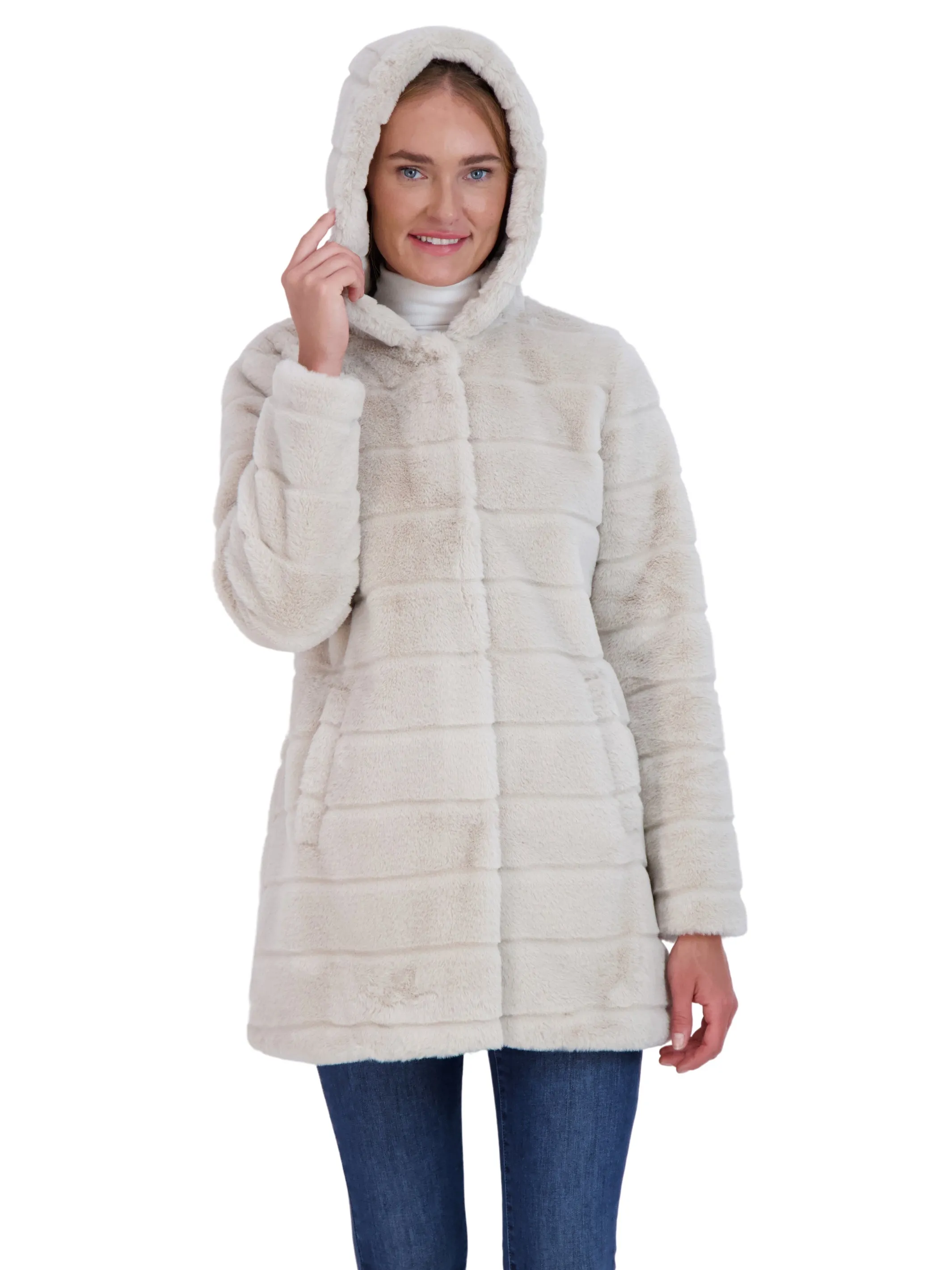 Sebby Collection Women's Hooded Grooved Faux Fur Coat