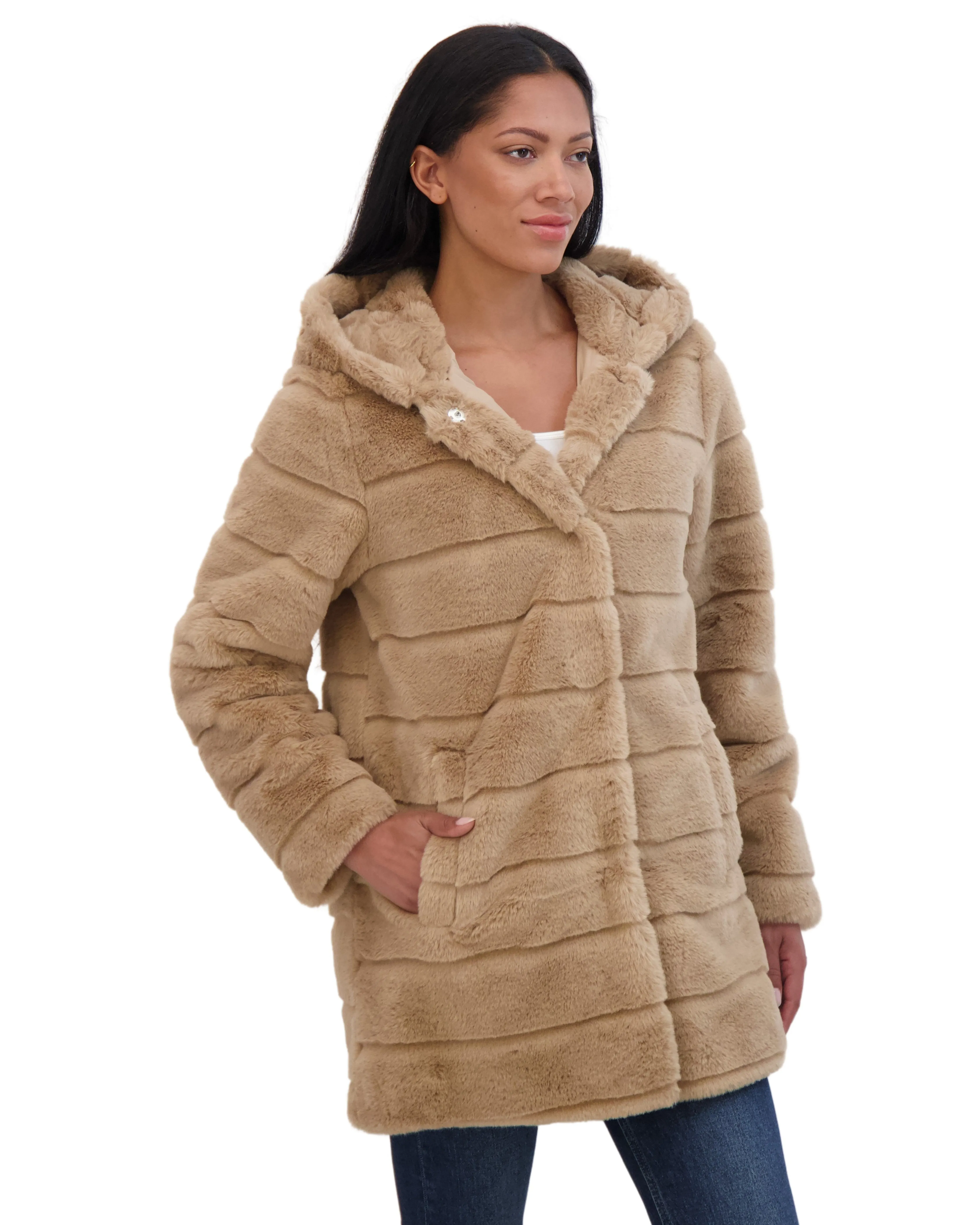 Sebby Collection Women's Hooded Grooved Faux Fur Coat