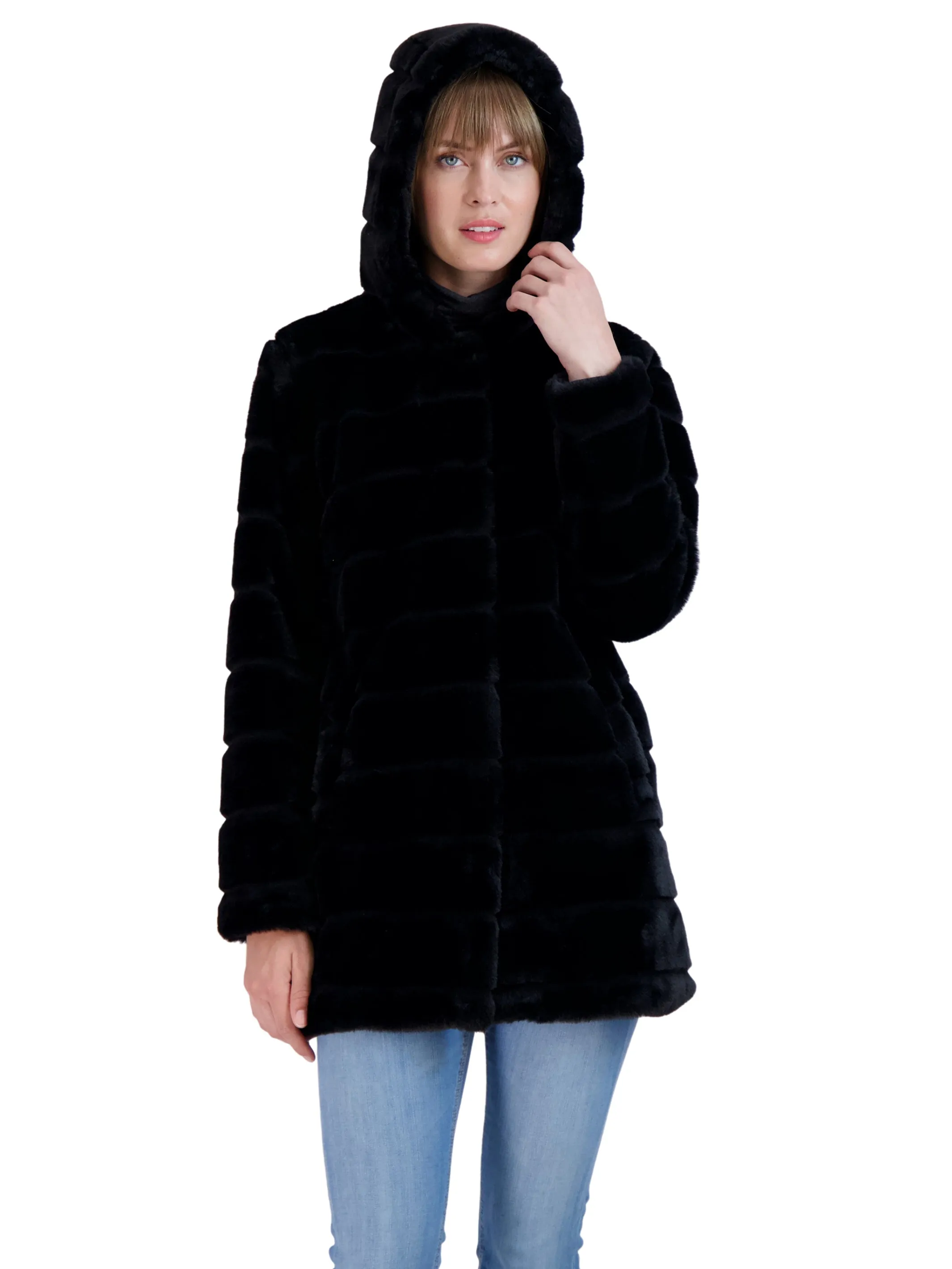 Sebby Collection Women's Hooded Grooved Faux Fur Coat