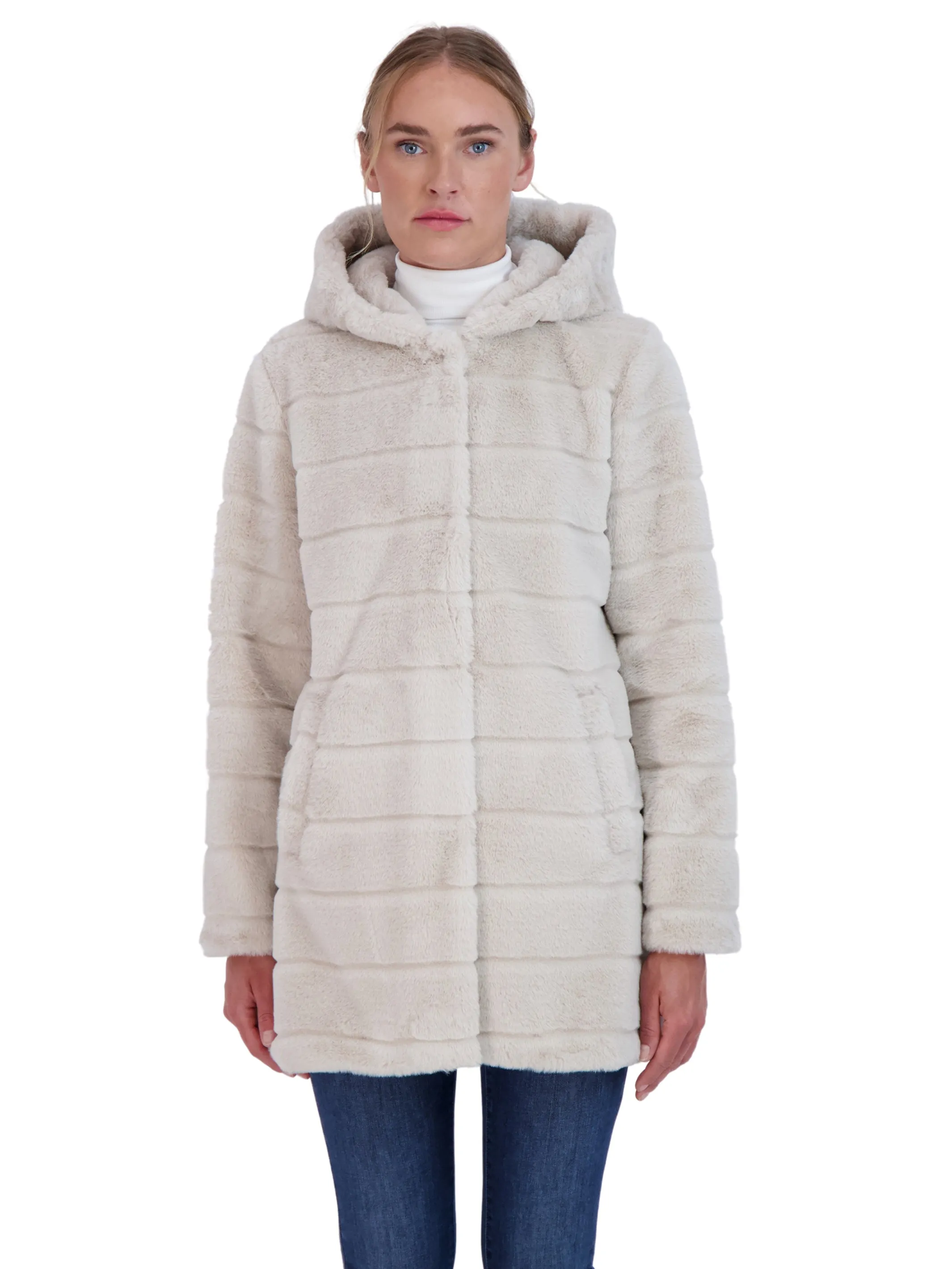 Sebby Collection Women's Hooded Grooved Faux Fur Coat