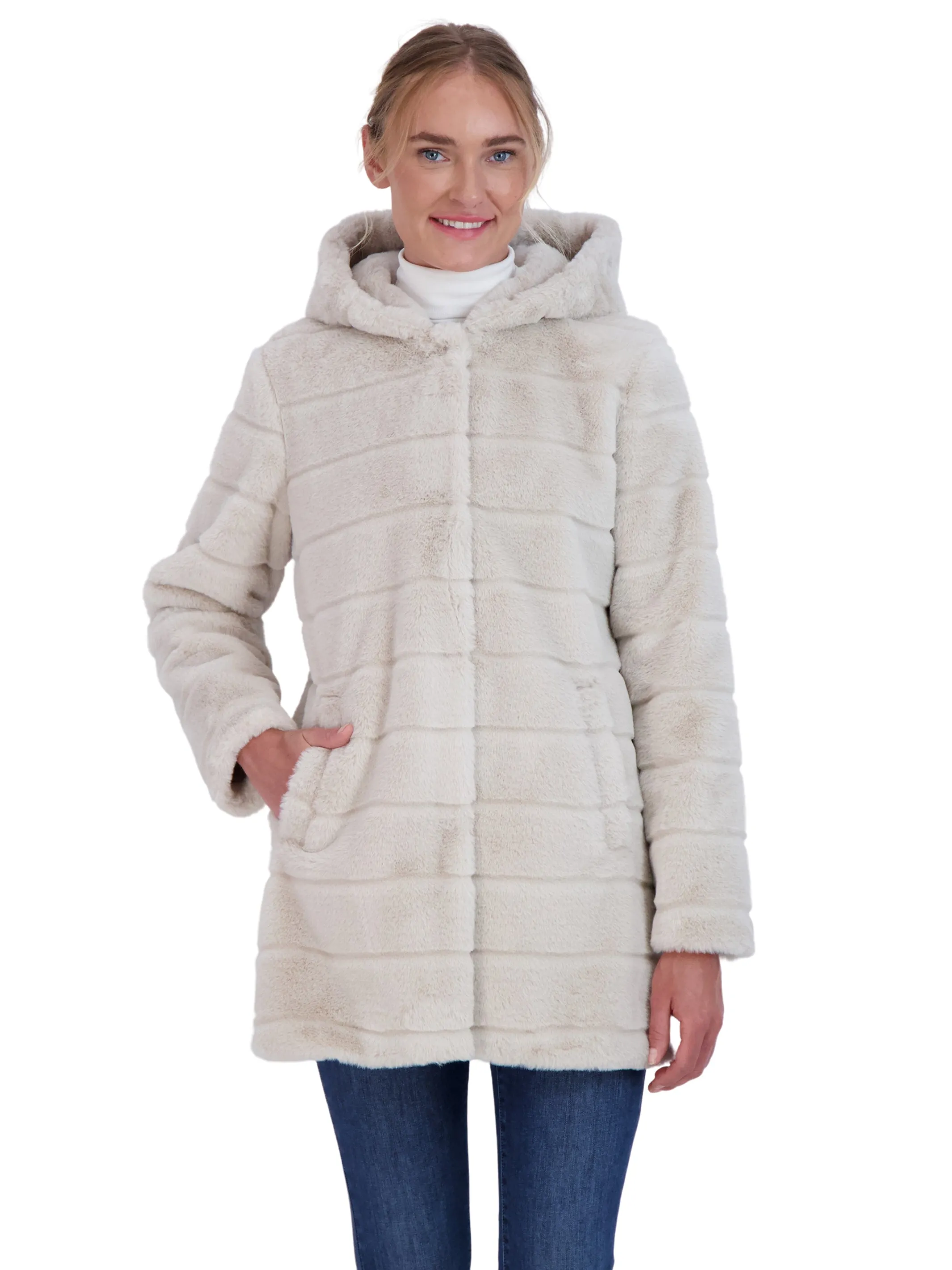 Sebby Collection Women's Hooded Grooved Faux Fur Coat