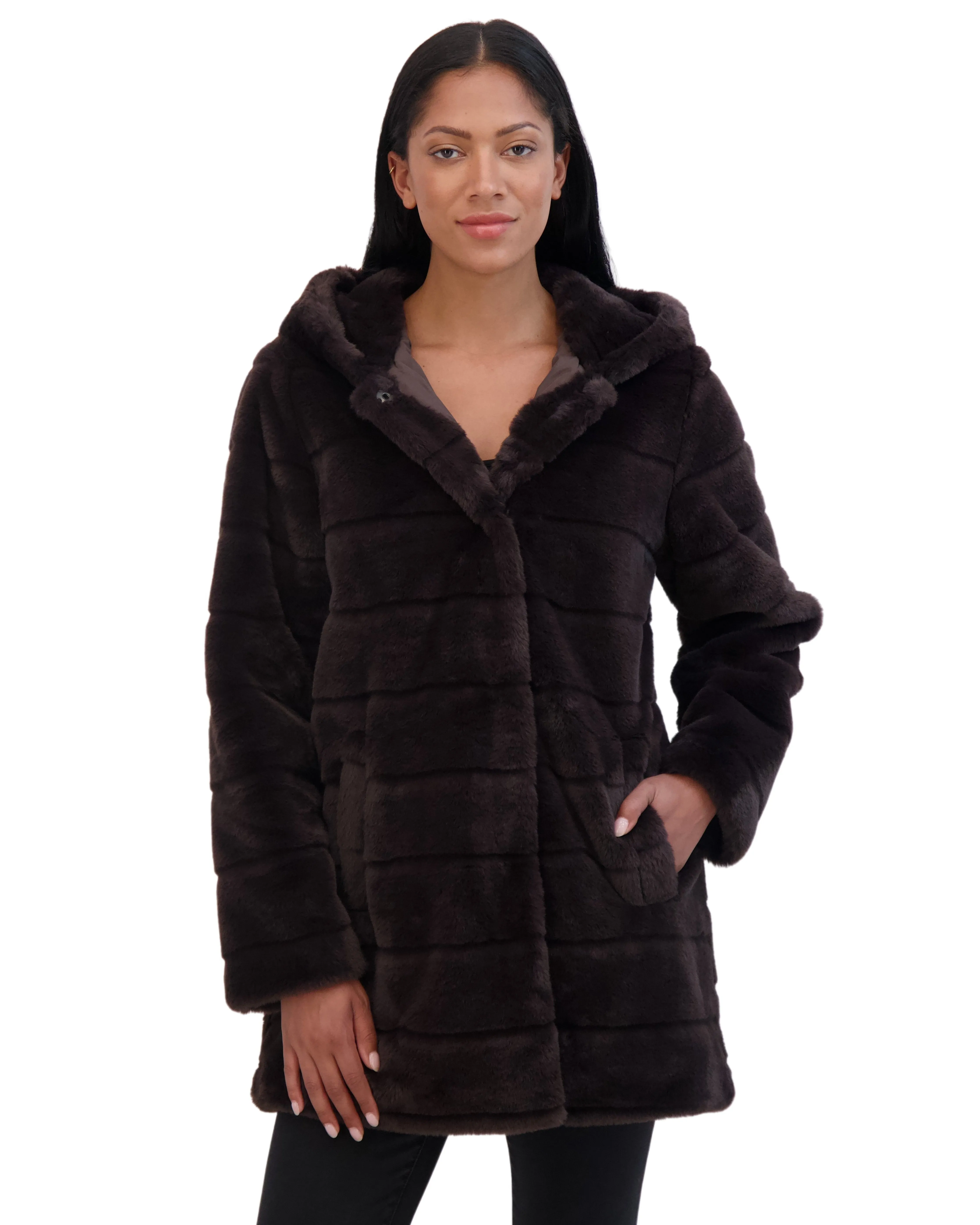 Sebby Collection Women's Hooded Grooved Faux Fur Coat