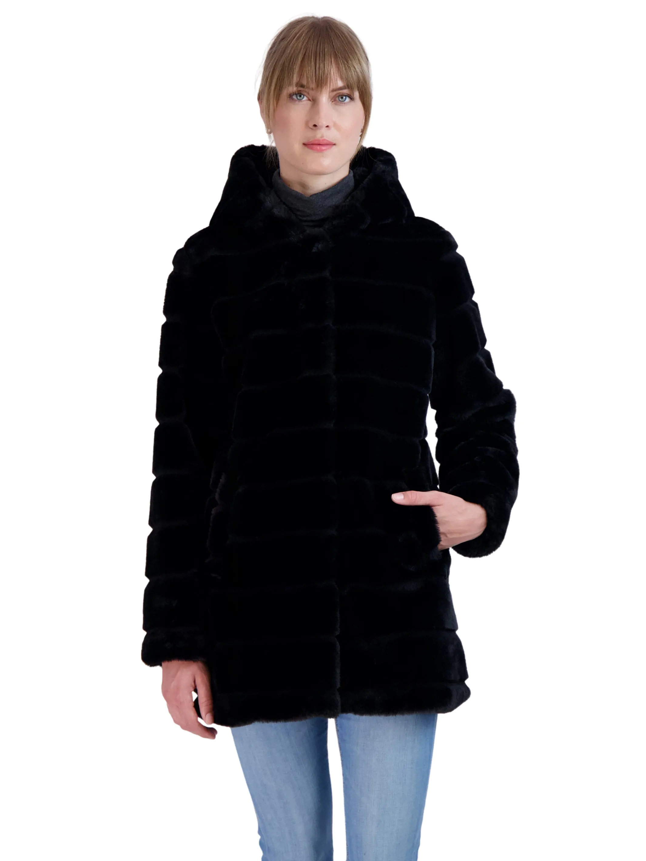 Sebby Collection Women's Hooded Grooved Faux Fur Coat