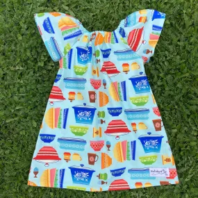 Sewfunky Pixie Dress - Retro Kitchen on Blue