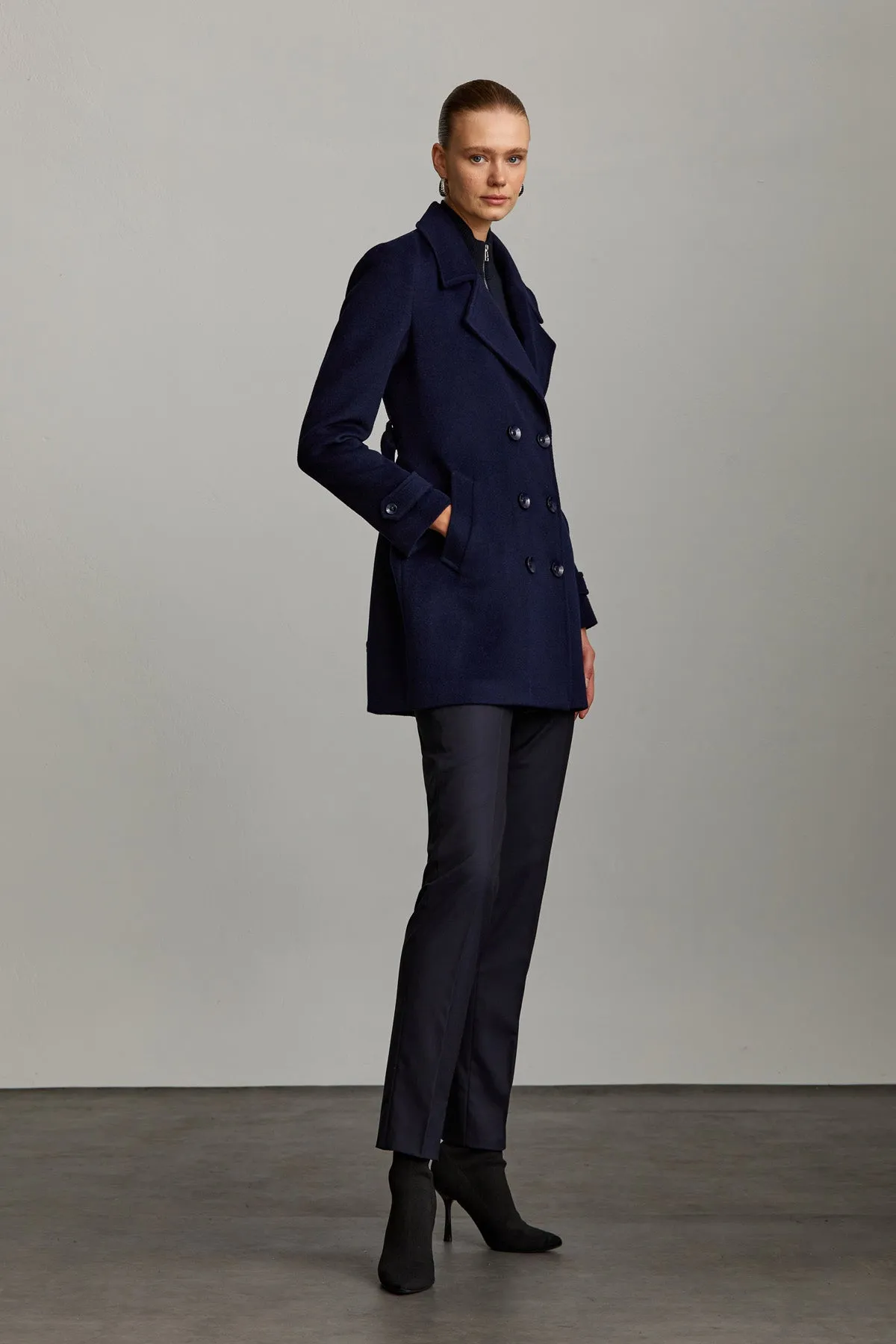 Slim Fit Daisy Notch Lapel Double-Breasted Belted Wool Coat