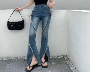 Slit Raw Edge Strappy Flared High Waist Wide Leg Jeans