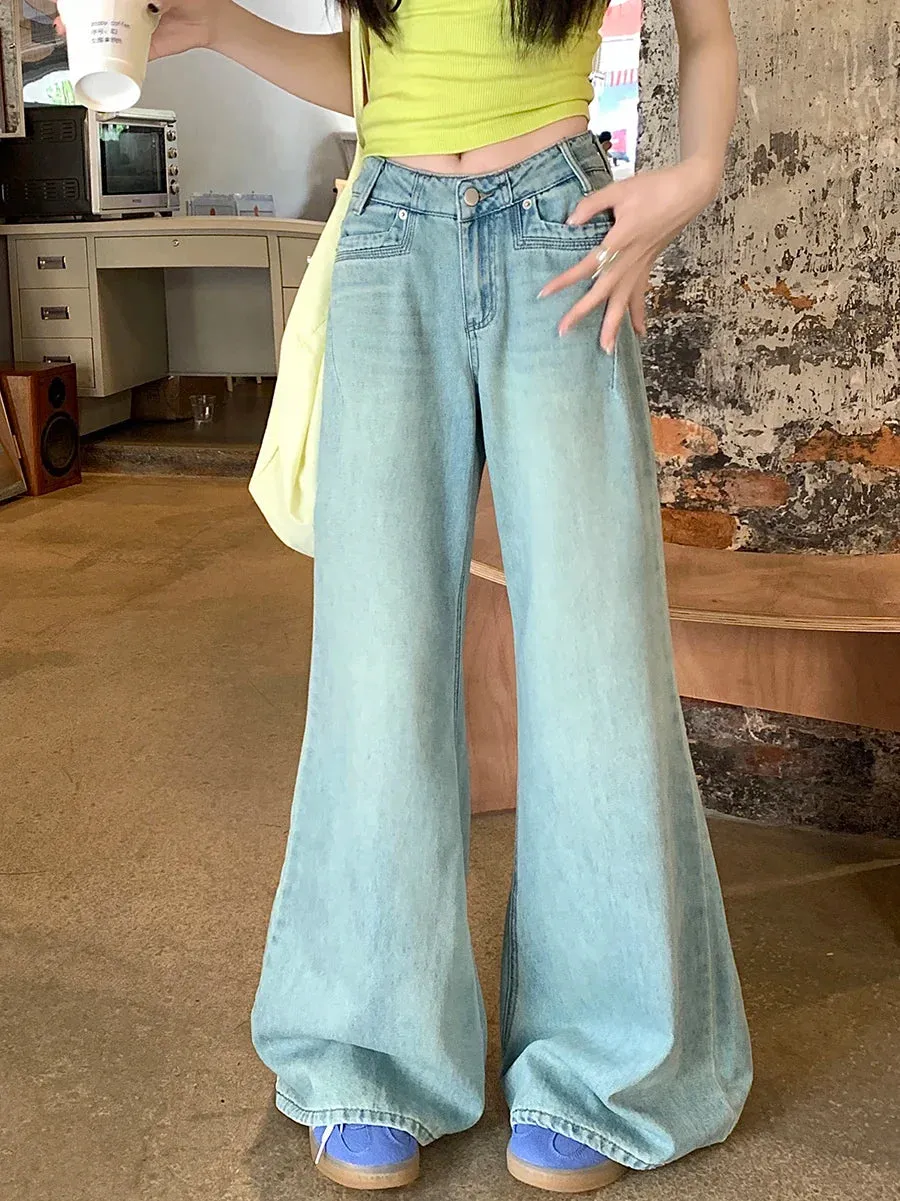 Street Vintage Women's Fashion Casual Denim High Waisted Loose Wide-Leg Flared Jeans