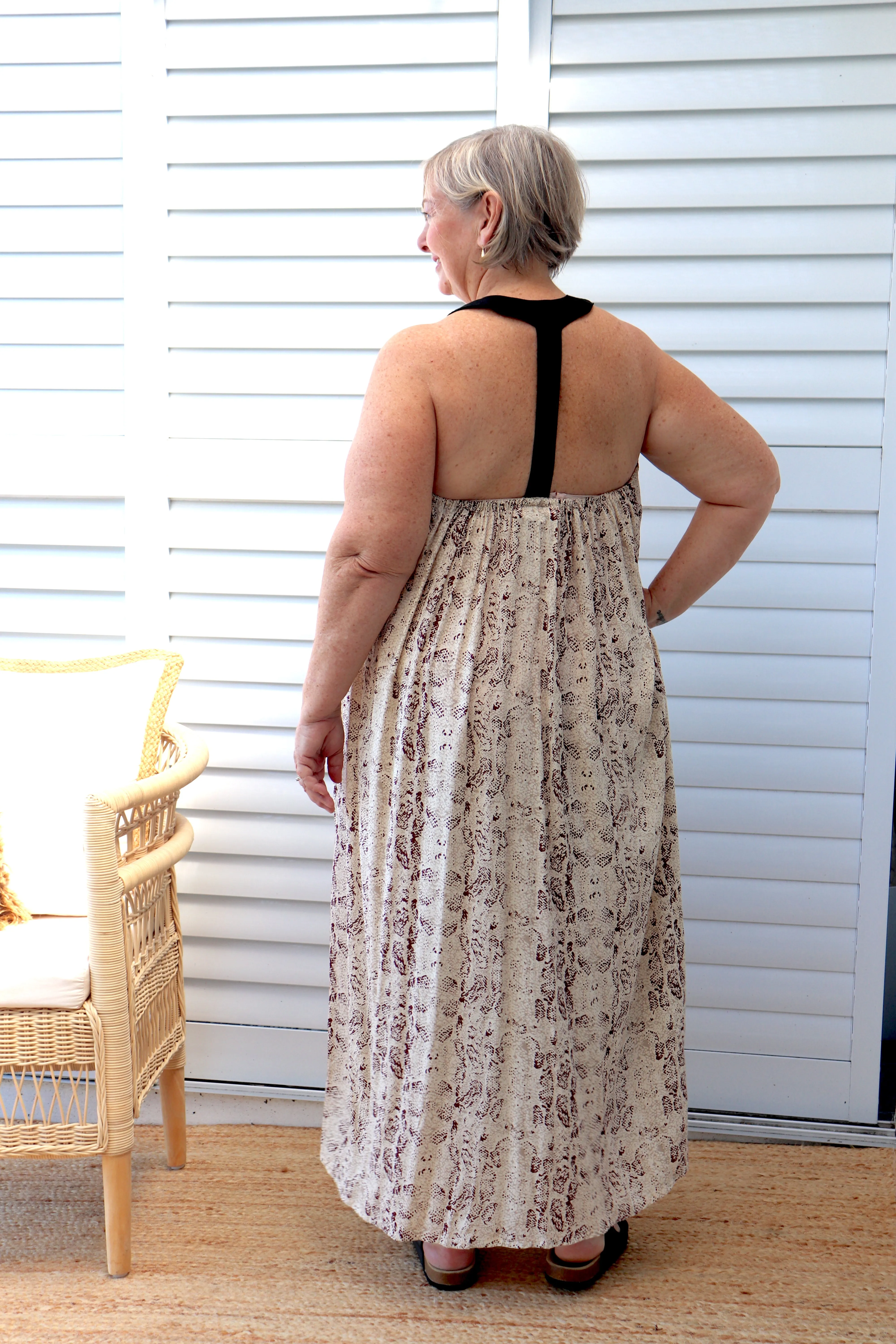 T Bar Maxi Dress In Taupe Snakeskin