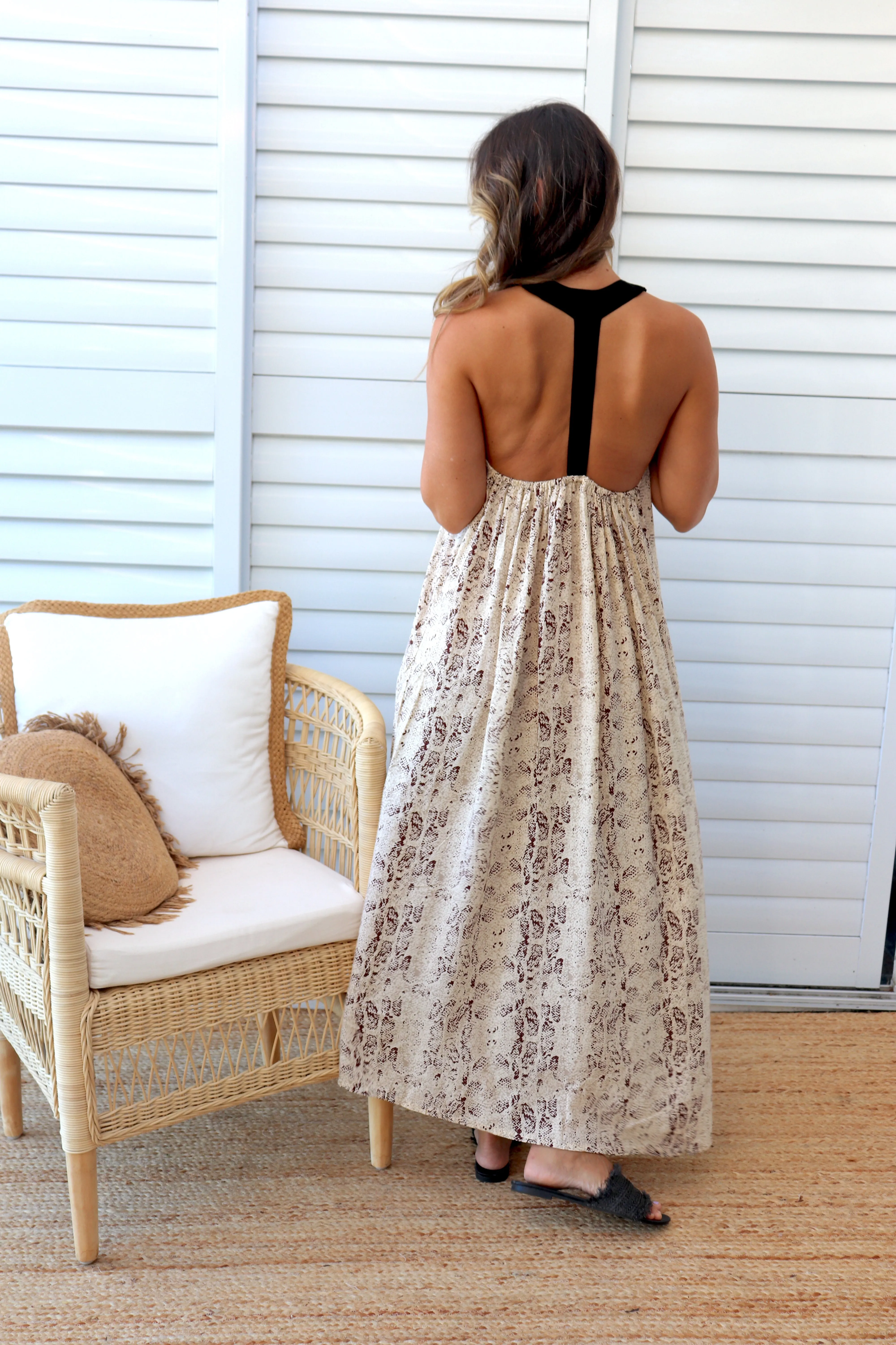 T Bar Maxi Dress In Taupe Snakeskin