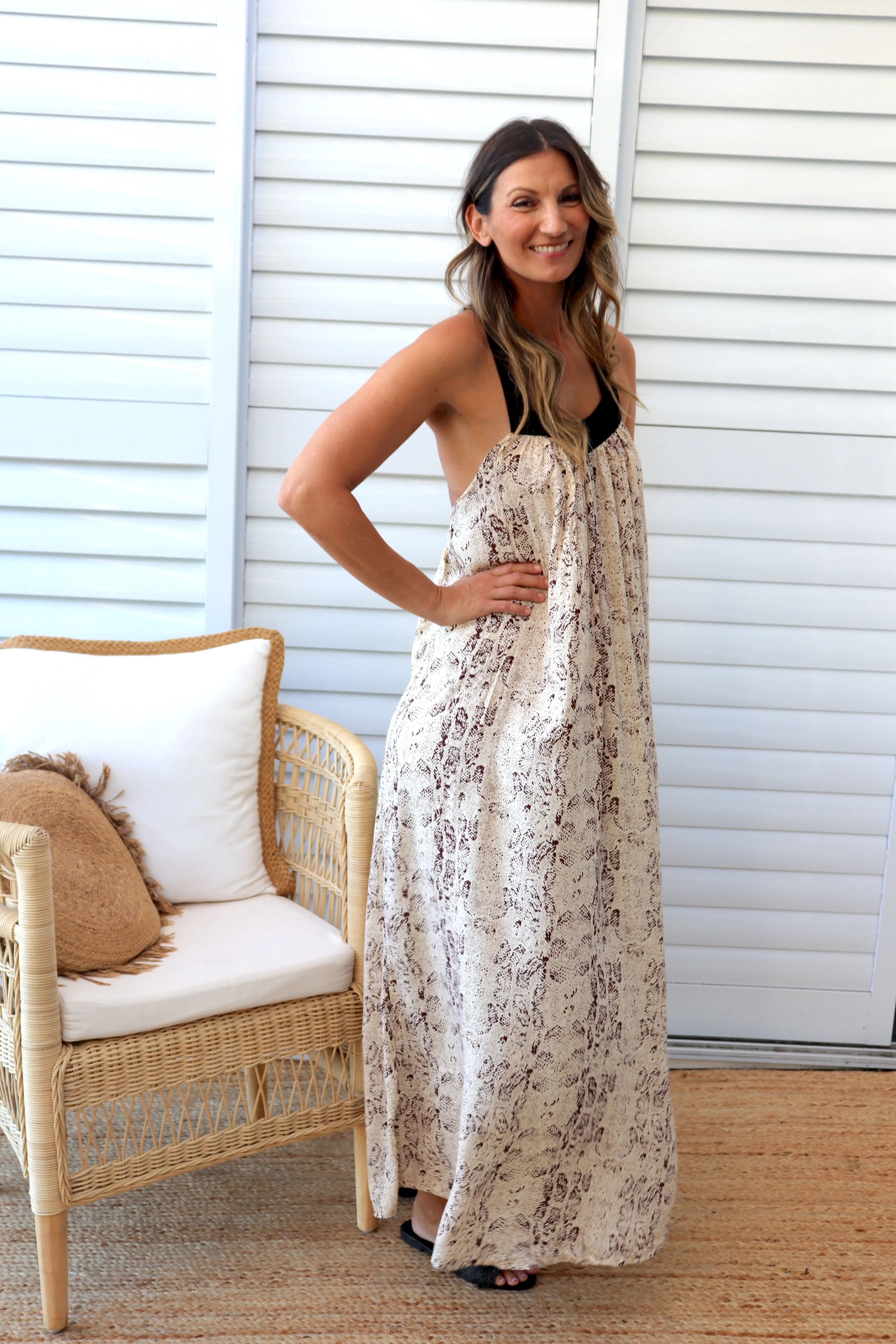 T Bar Maxi Dress In Taupe Snakeskin