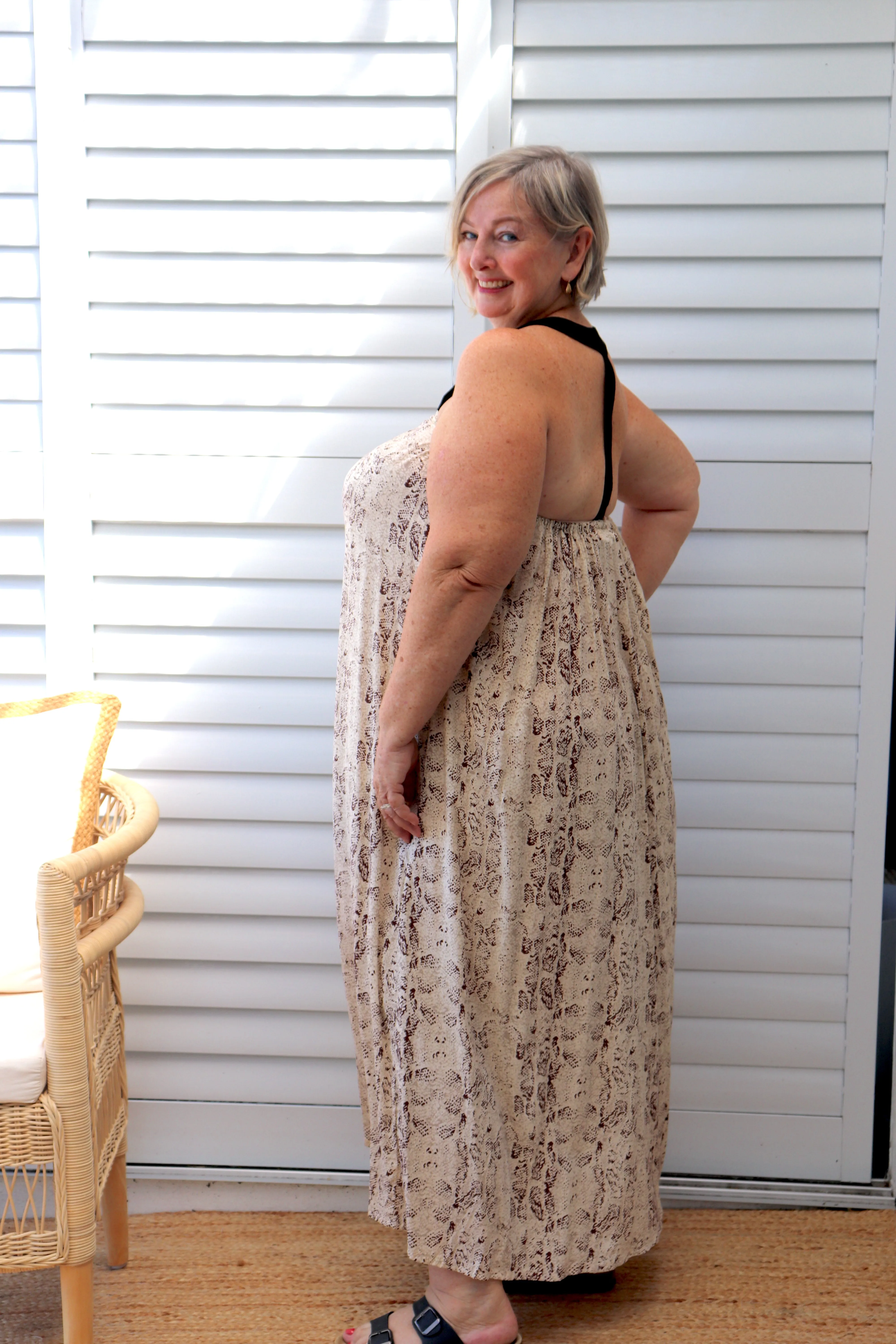 T Bar Maxi Dress In Taupe Snakeskin