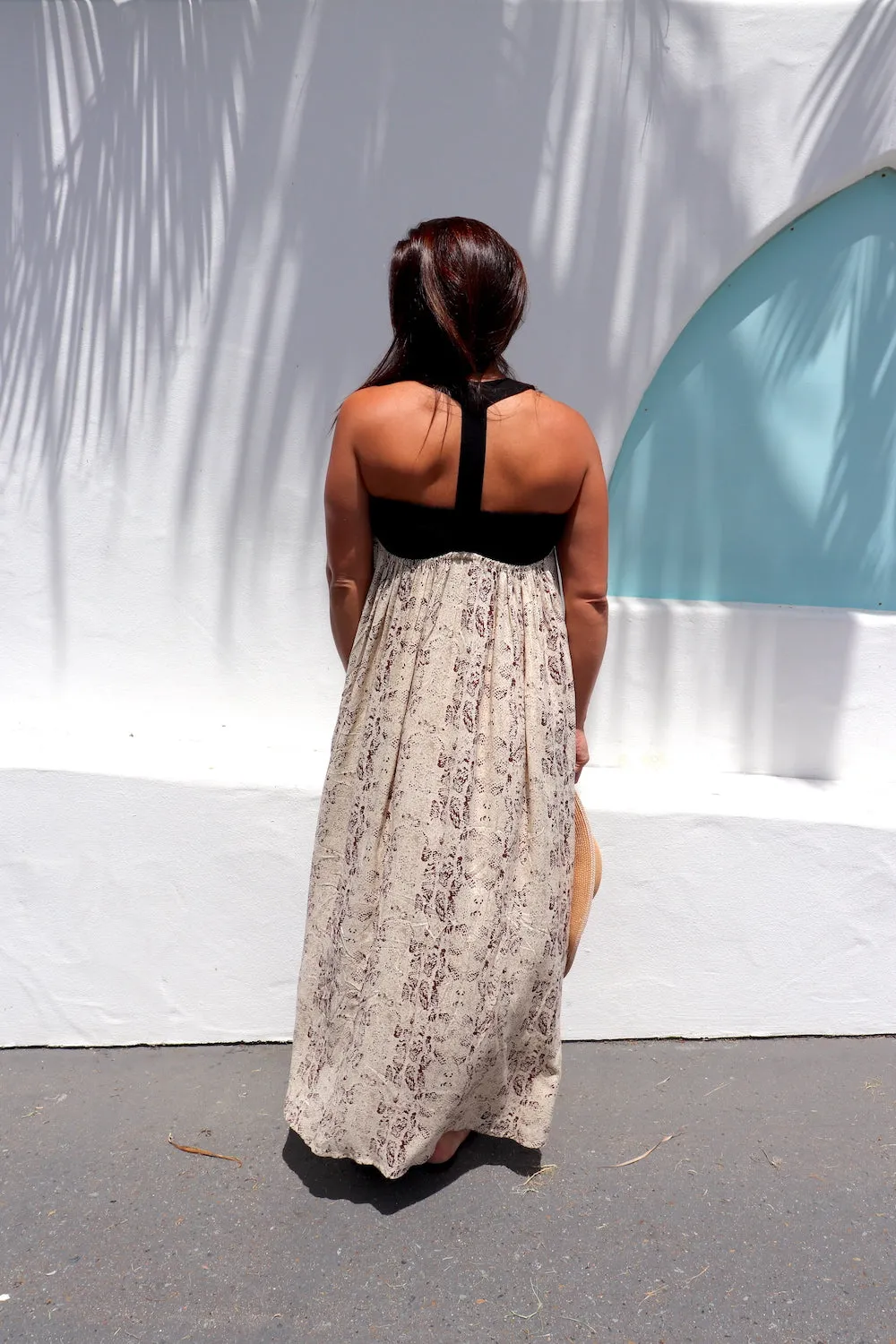 T Bar Maxi Dress In Taupe Snakeskin