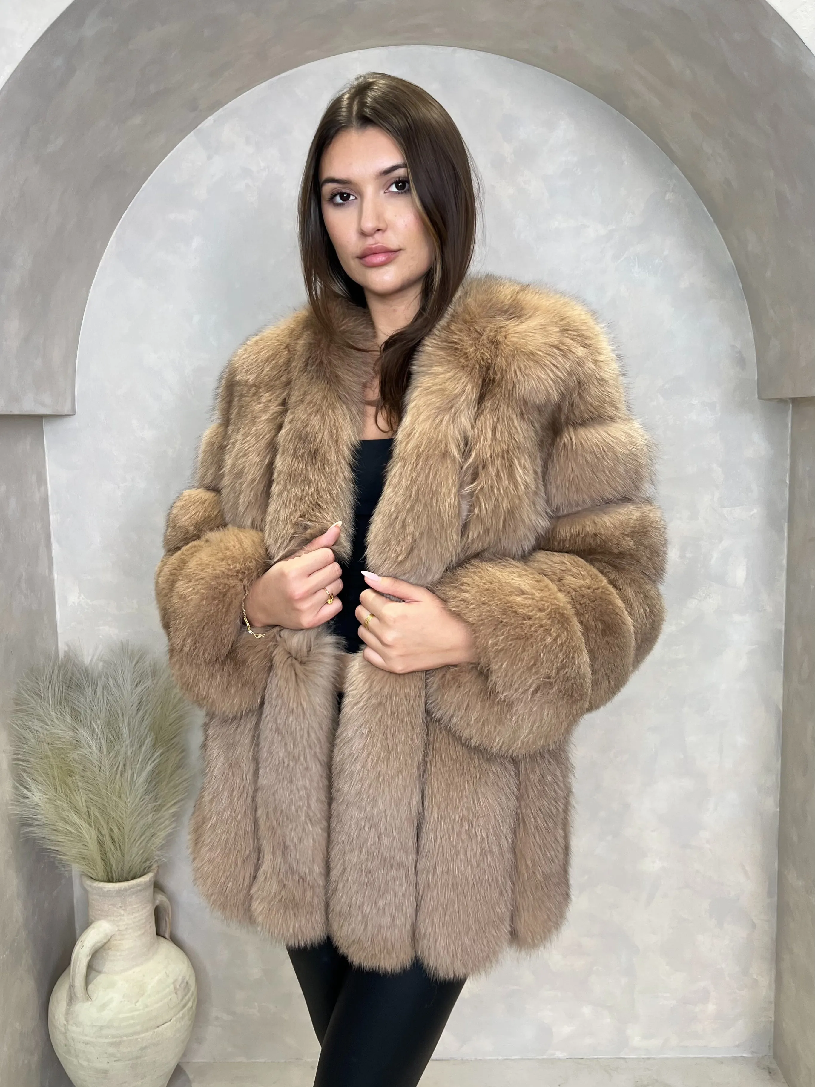 Tan Luxury Fur Mid Length Coat