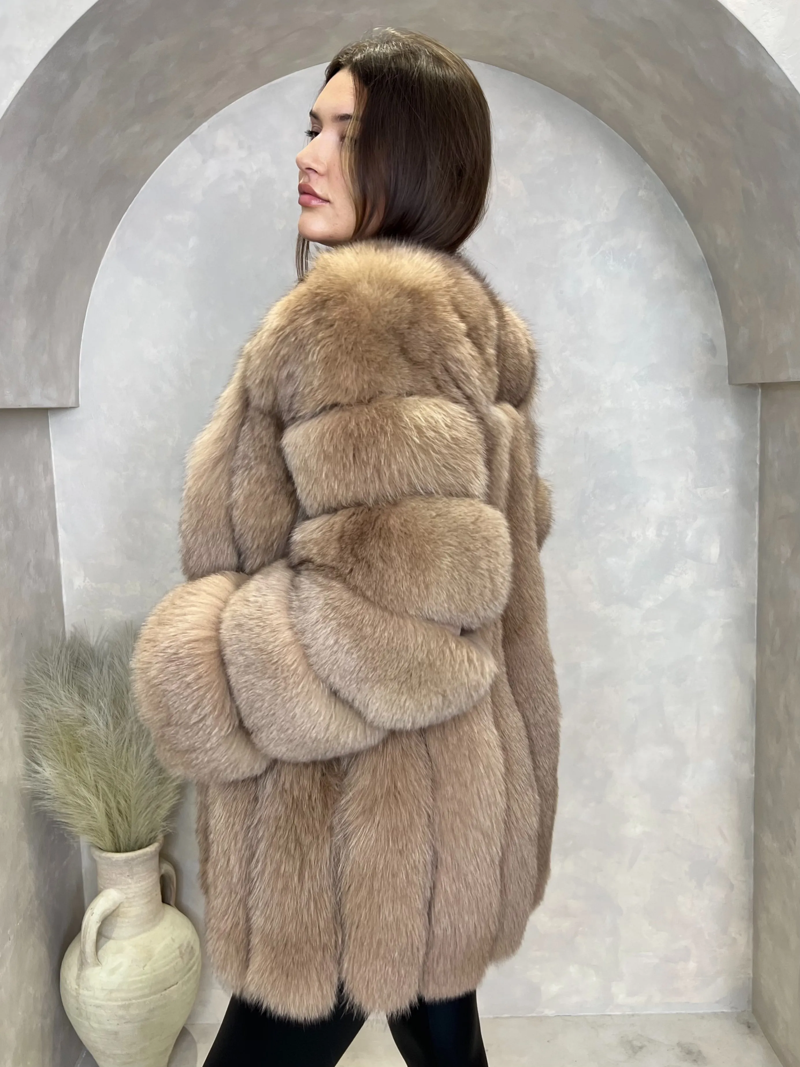 Tan Luxury Fur Mid Length Coat