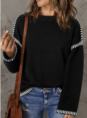 The Olivia Sweater in Black w/White Stitching Detail - #8384-8387